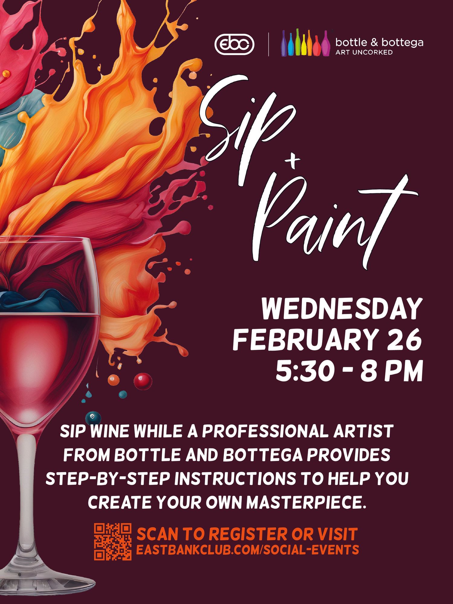 Paint and sip event advertisement showing colorful liquid splashes and wine glass against dark background.