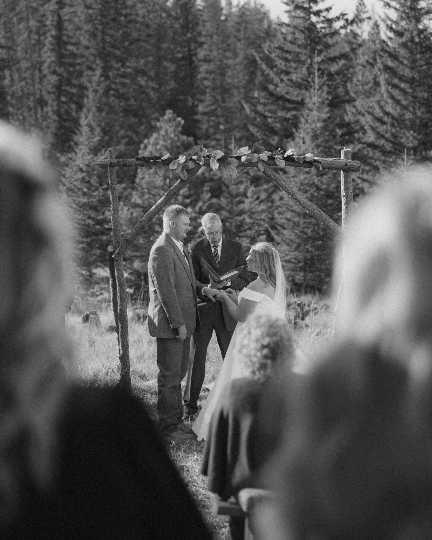 Outdoor wedding ceremony taking place in a forest setting with evergreen trees in the background.