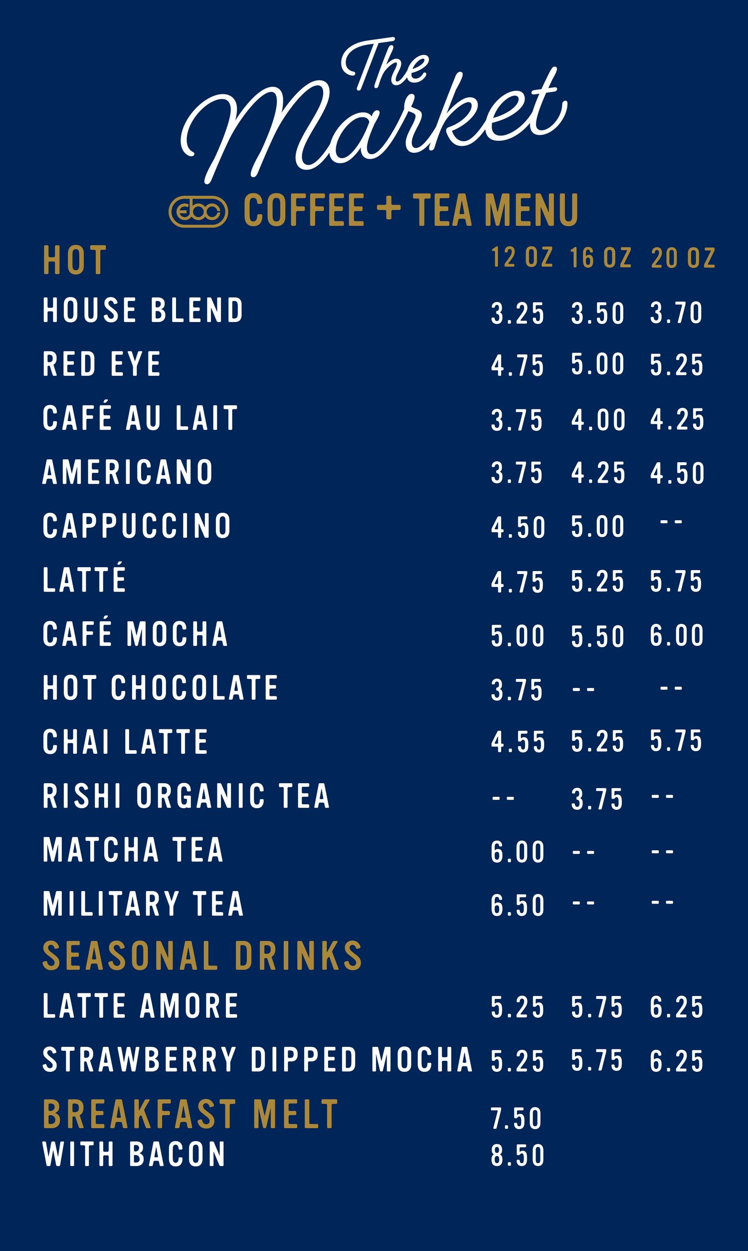 Coffee shop menu board displays various drink options and prices against a dark blue background.