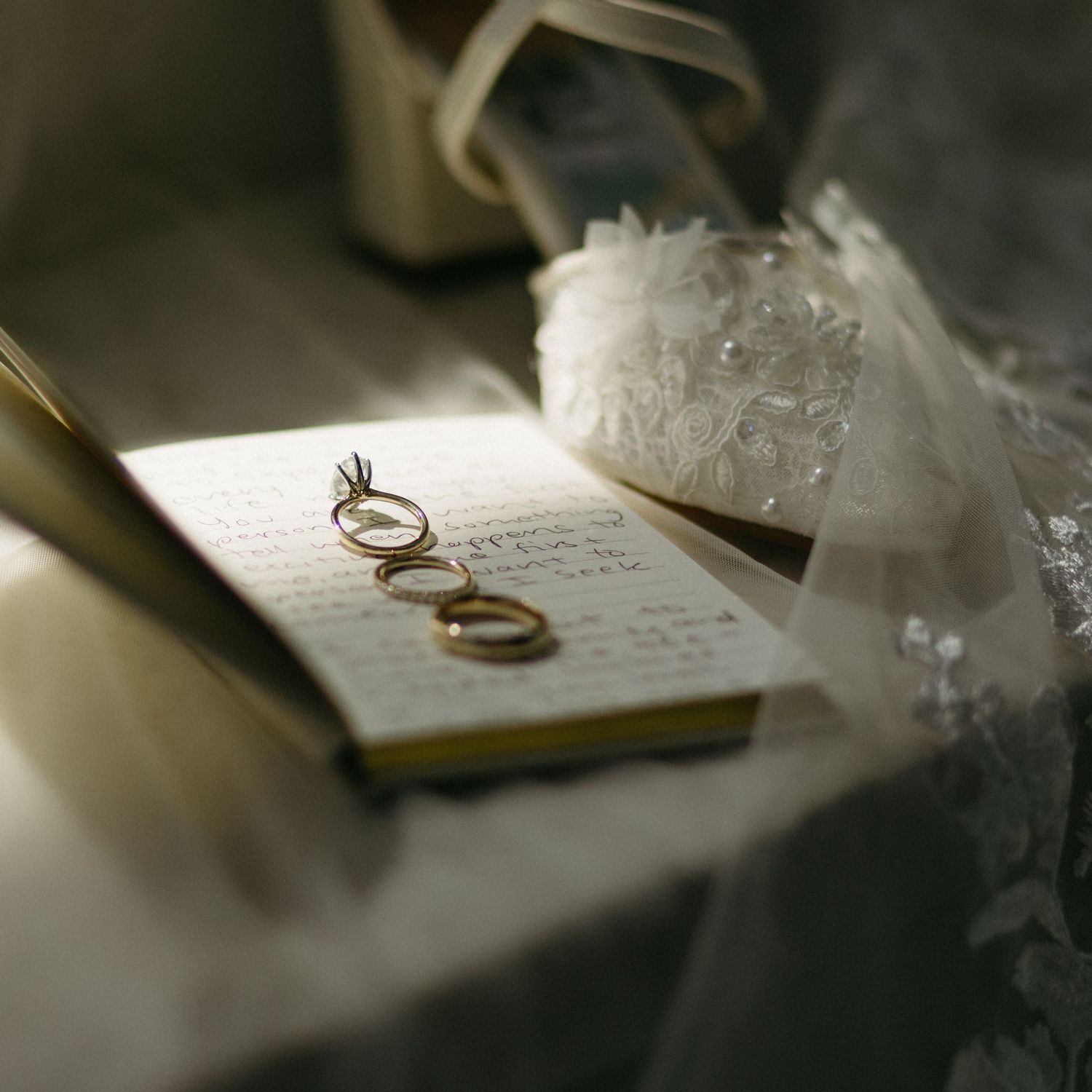 Wedding rings and handwritten vows on a textured surface in soft focus.
