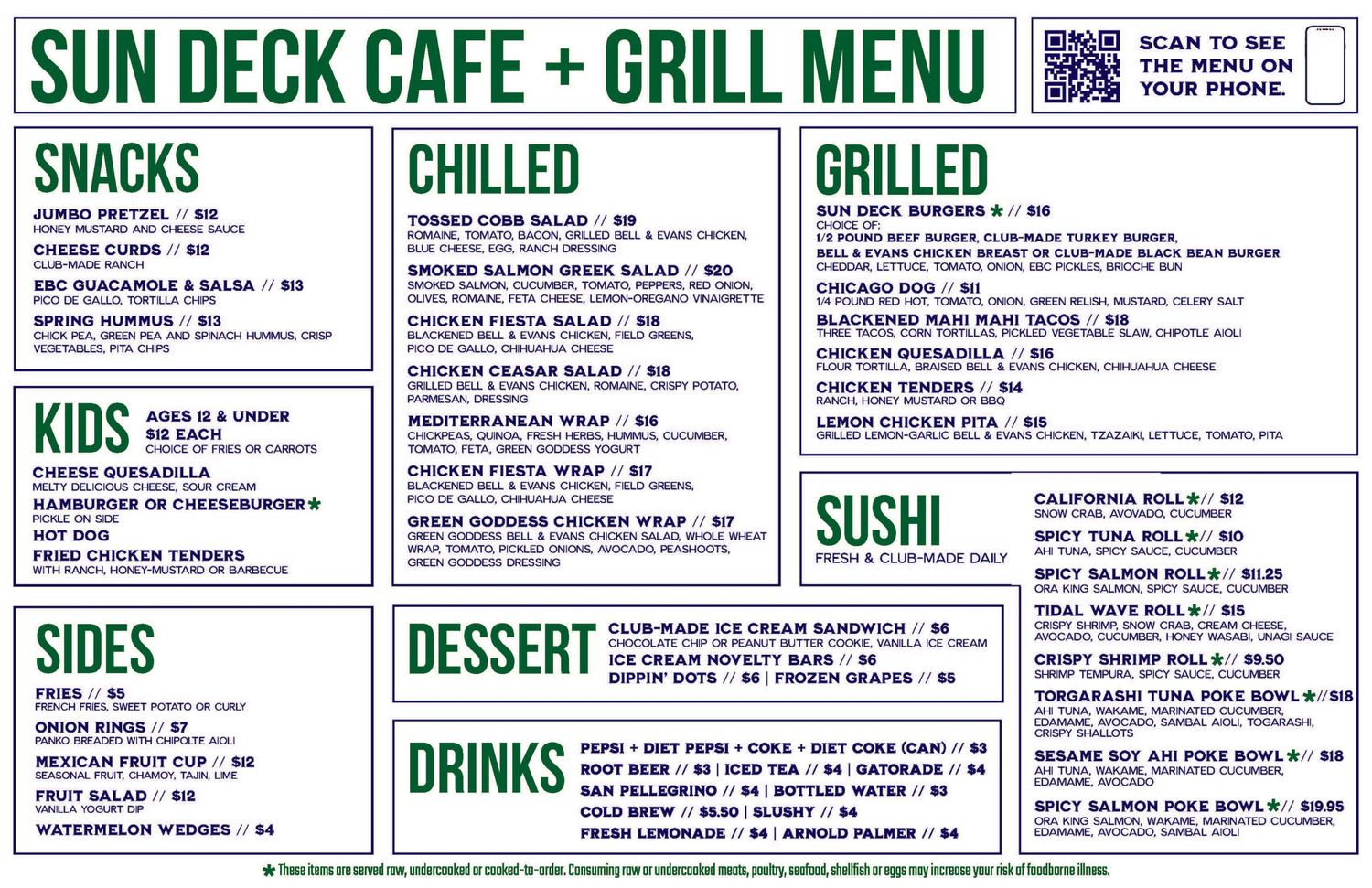 A restaurant menu board displays sections for snacks, chilled items, grilled dishes, sushi, kids meals, and desserts.