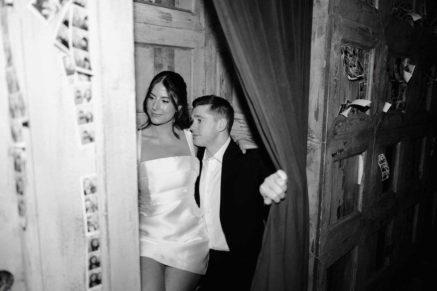 A series of black and white wedding photos showing intimate moments and preparations before the ceremony.