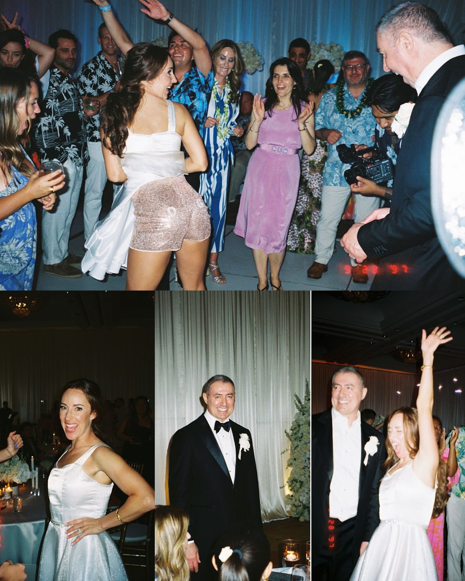 Wedding reception guests dance and celebrate on the dance floor under blue lighting at an evening party.