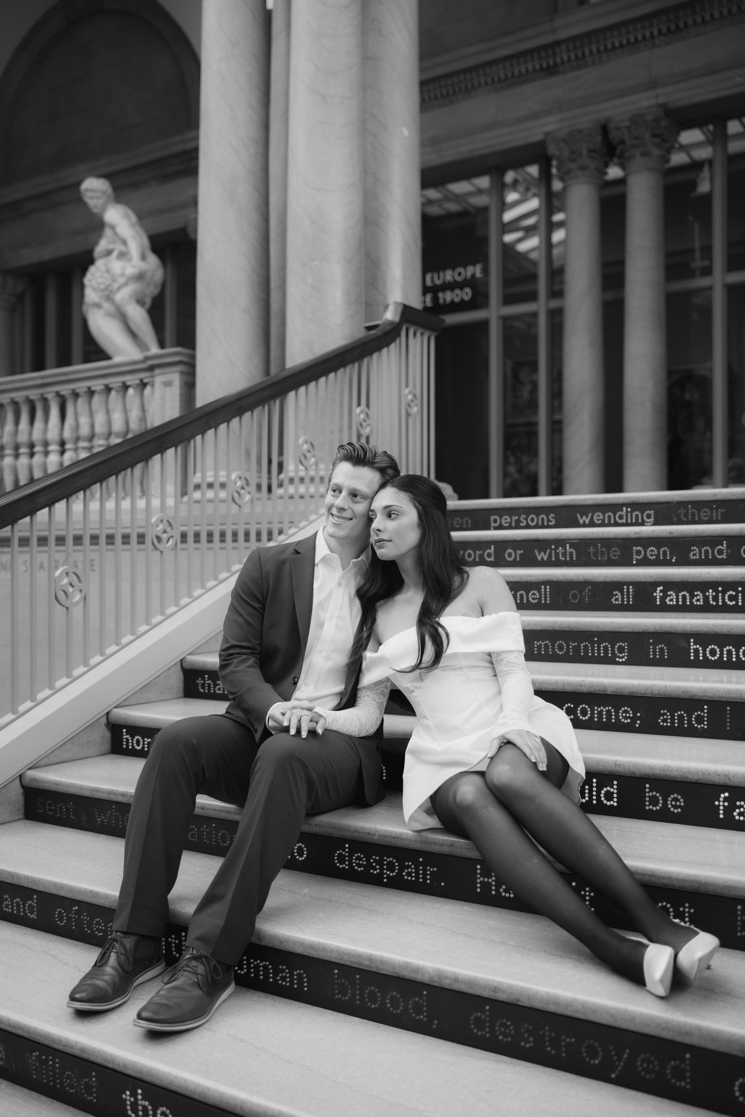 A series of black and white photos showing people lounging on classical stone steps with columns.