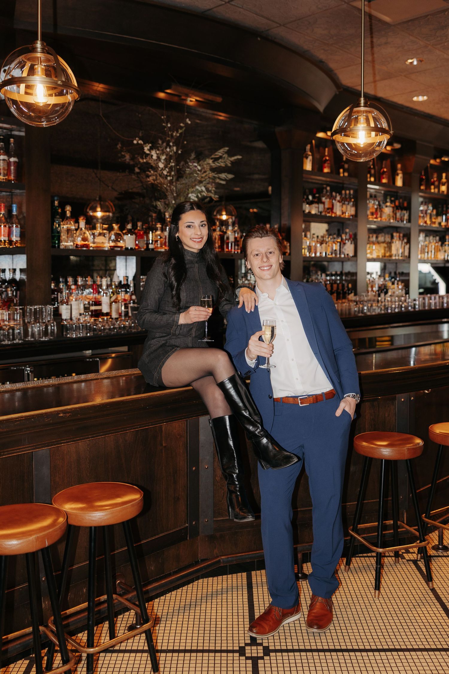 A sequence of photos showing people enjoying drinks at an elegant bar with wooden stools and pendant lighting.