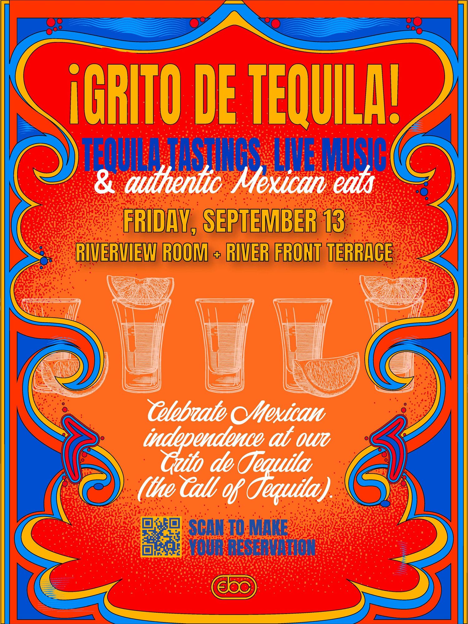 Vibrant red and blue Mexican tequila event poster with decorative borders and ornate typography promoting Grito de Tequila.