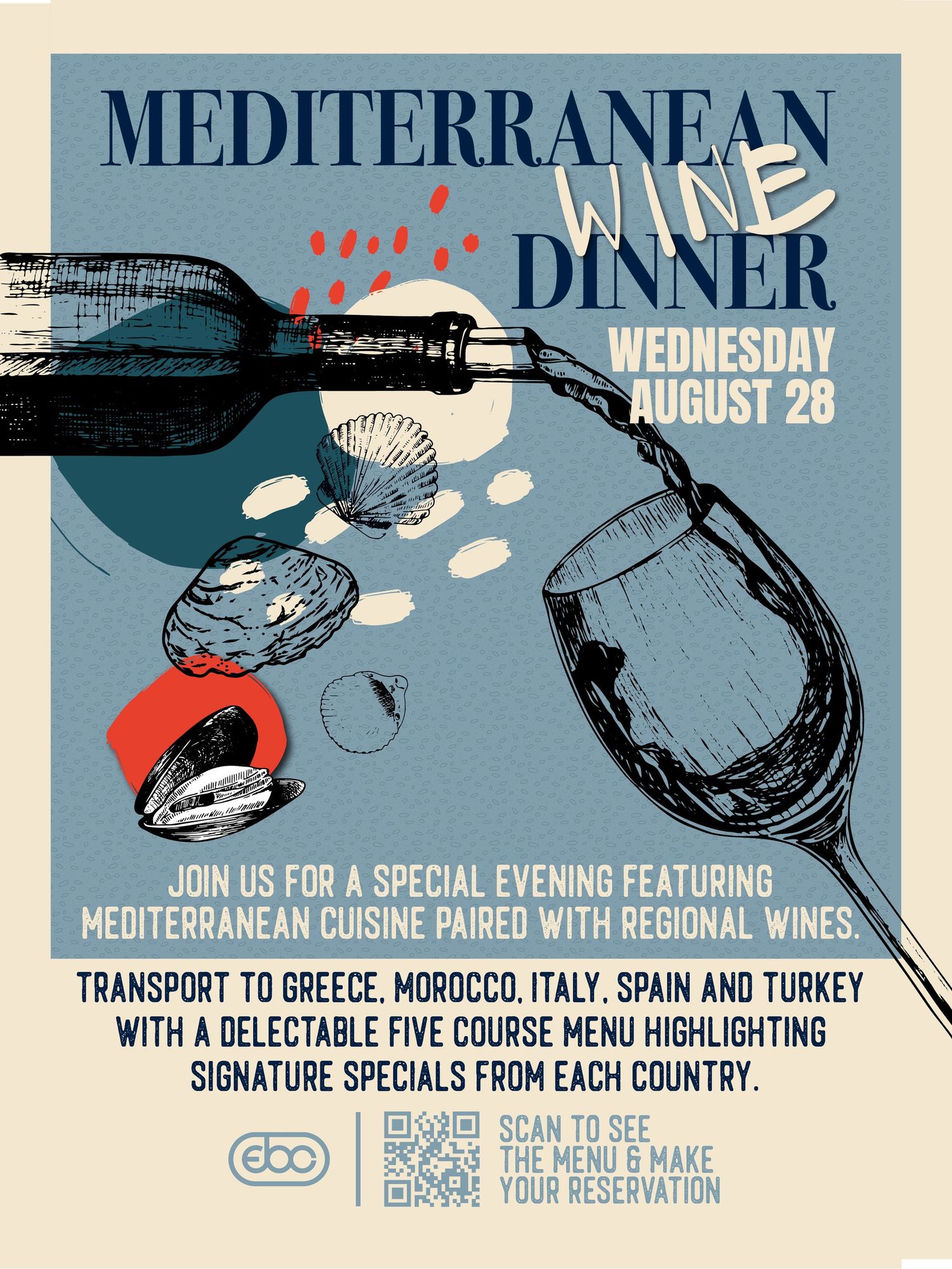 Mediterranean dinner event poster series featuring blue and coral illustrations of wine glasses and culinary elements.