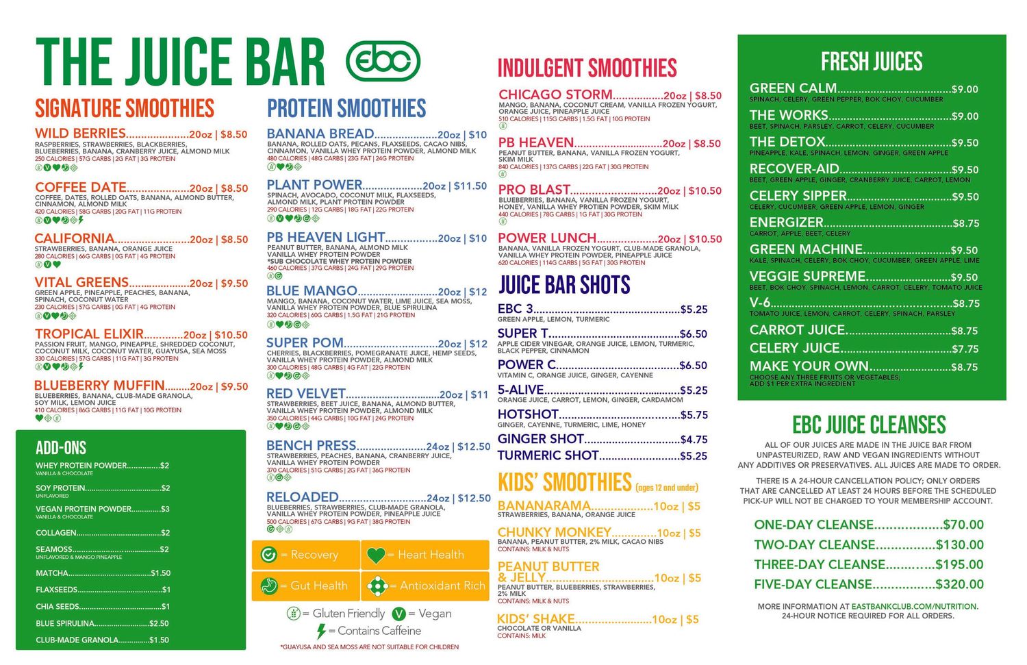 A colorful menu board from The Juice Bar displaying smoothies, fresh juices, and protein drinks with prices and ingredients.