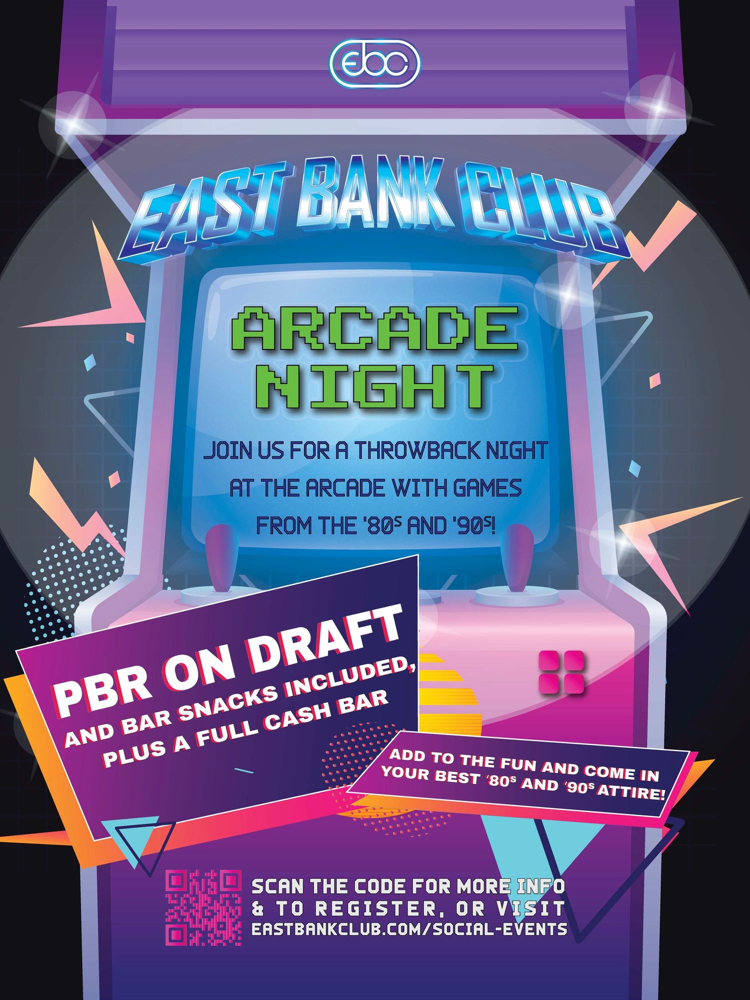 Digital event posters for Arcade Night featuring retro gaming themes in neon blue and pink colors with lightning bolt accents.