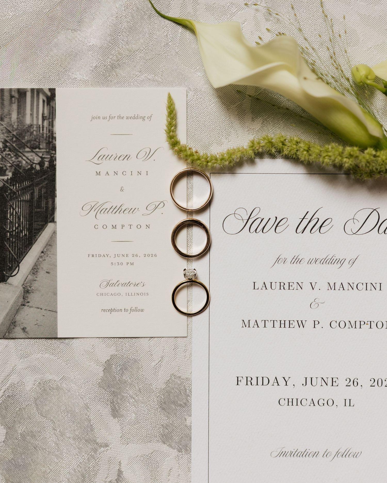 Elegant wedding invitation suite with gold rings, save the date card for Lauren Mancini and Matthew Compton, Chicago IL, June 26.