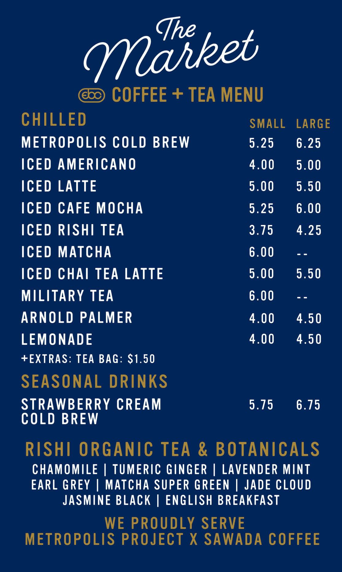 A dark blue coffee shop menu board displays drink prices including cold brew, tea lattes, and seasonal offerings.