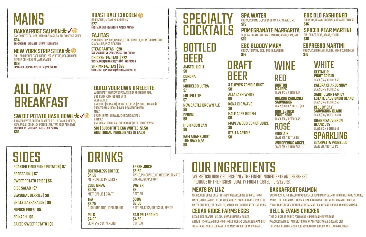 A restaurant menu layout showing sections for mains, specialty cocktails, sides, drinks, and ingredients in brown text.