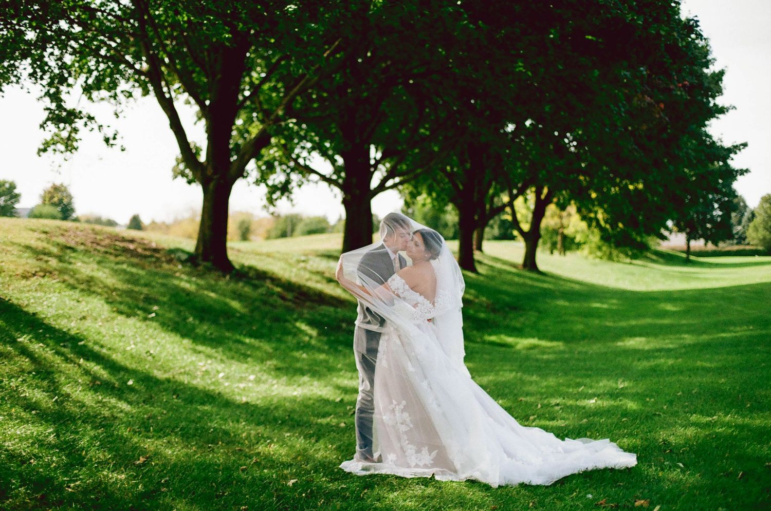 Bride and groom embrace under a sheer veil on a sunlit grassy hill lined with tall green trees during their outdoor wedding.
