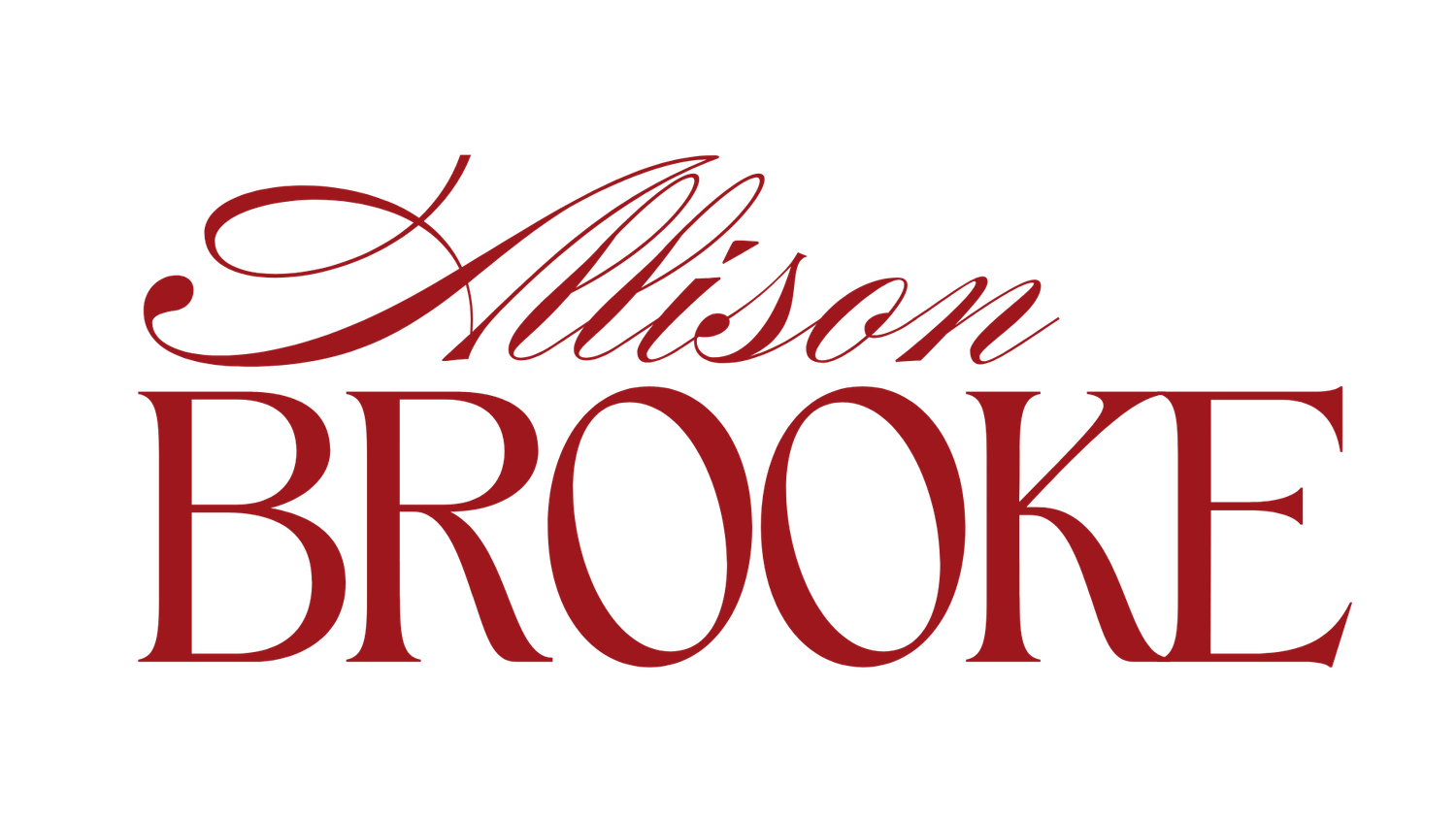 Stylized text logo design for Brooke in red and black colors with elegant calligraphic lettering.
