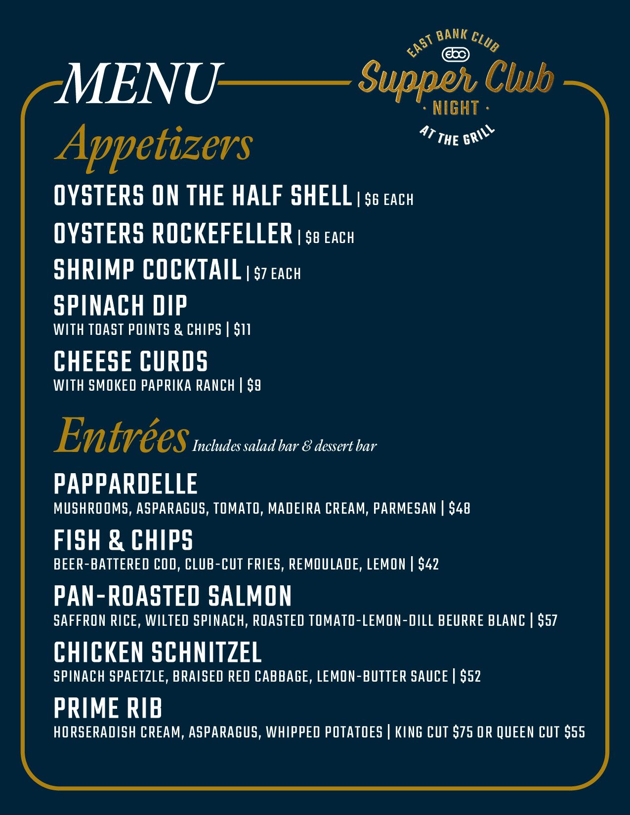 Elegant restaurant menu board displaying appetizers and entrees in gold and white text on a dark blue background.