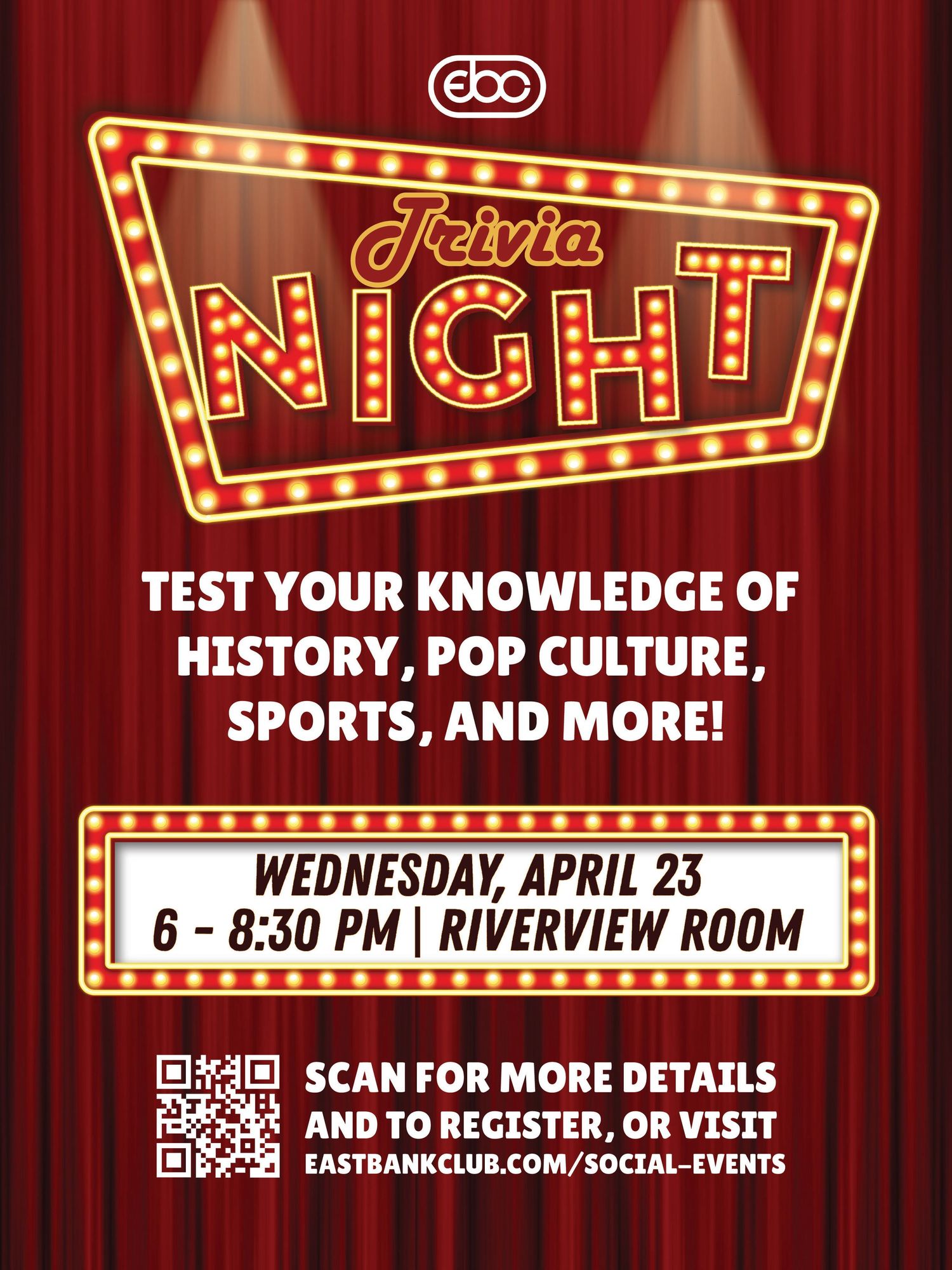 Red and gold illuminated signage advertising a trivia night event with history, pop culture and sports at Riverview Room.