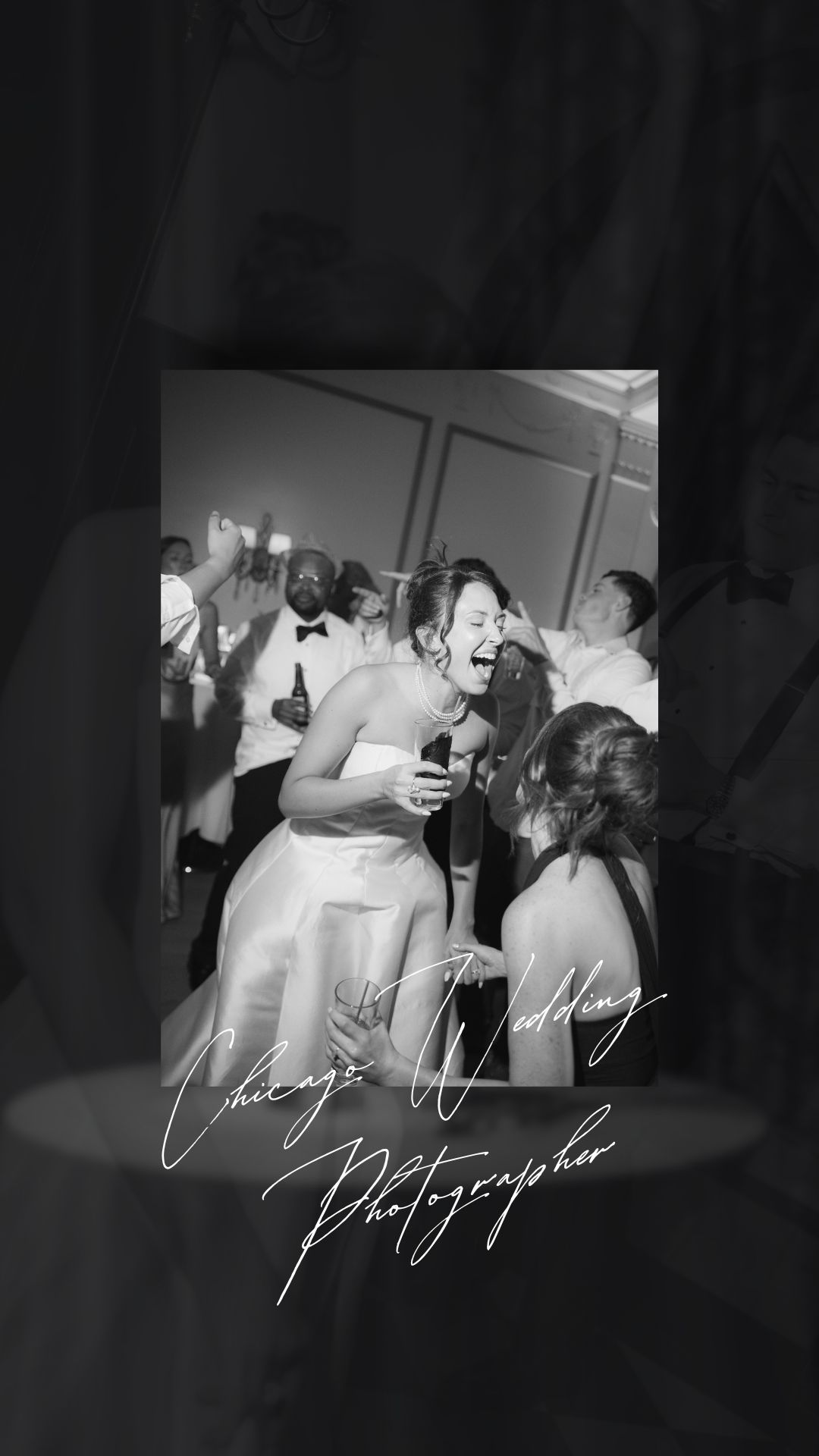 Black and white photo of a joyful bride dancing with guests at a Chicago wedding reception.