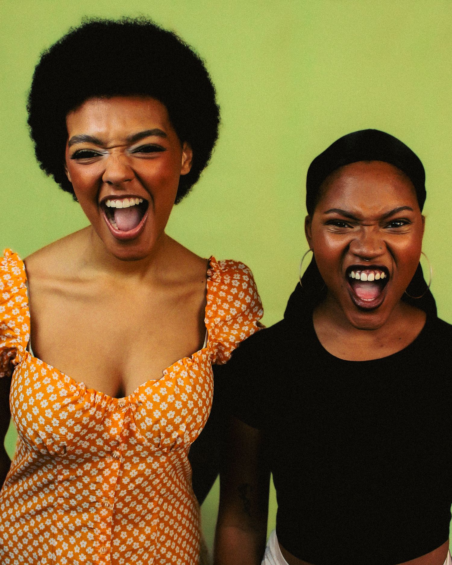 Expressive portrait series showing range of emotions in orange polka dot dress.