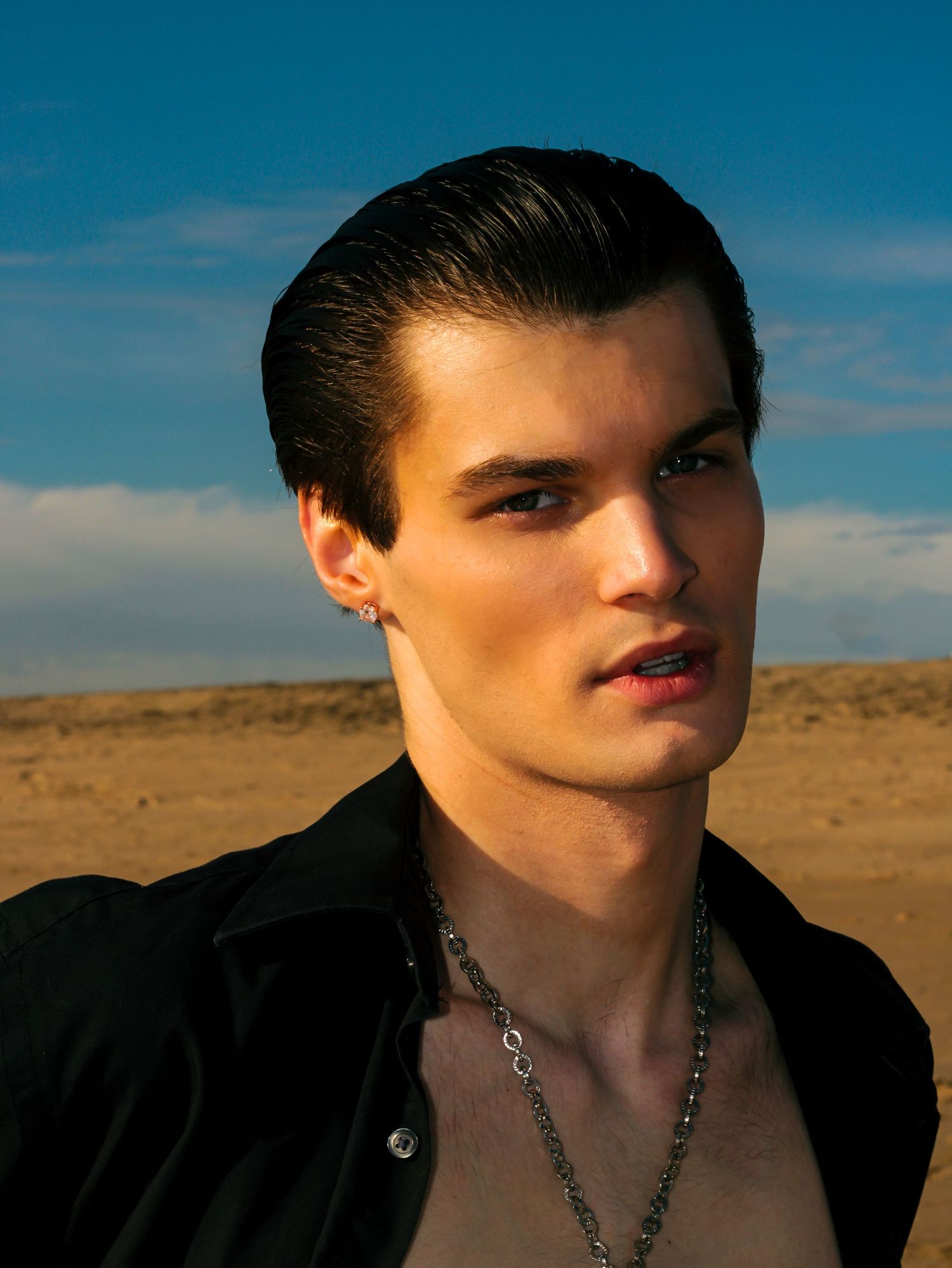 Dramatic portrait sequence in desert landscape with black leather jacket and silver chain necklace against blue sky.