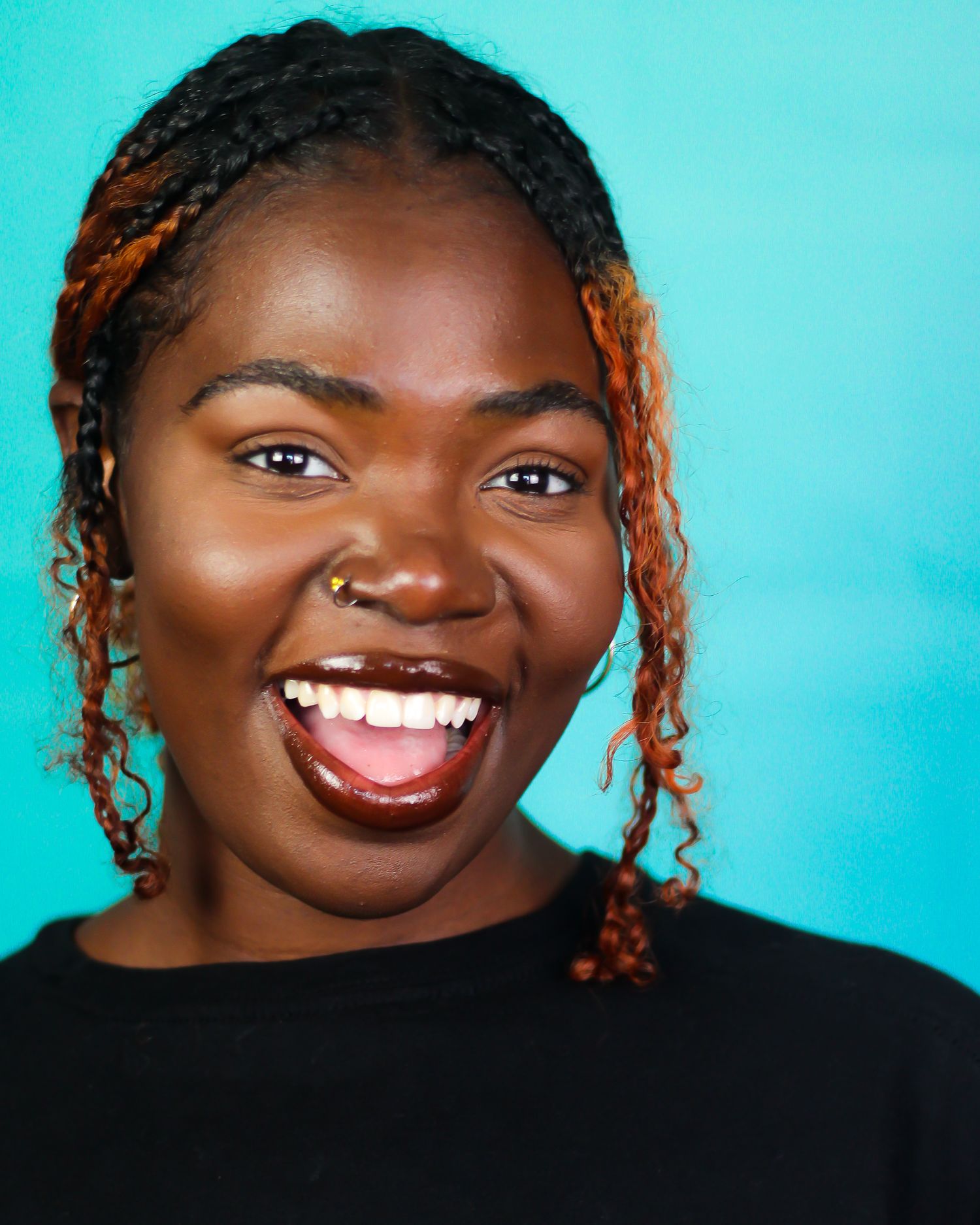 Expressive close-up portraits against bright blue background showing joyful expressions.