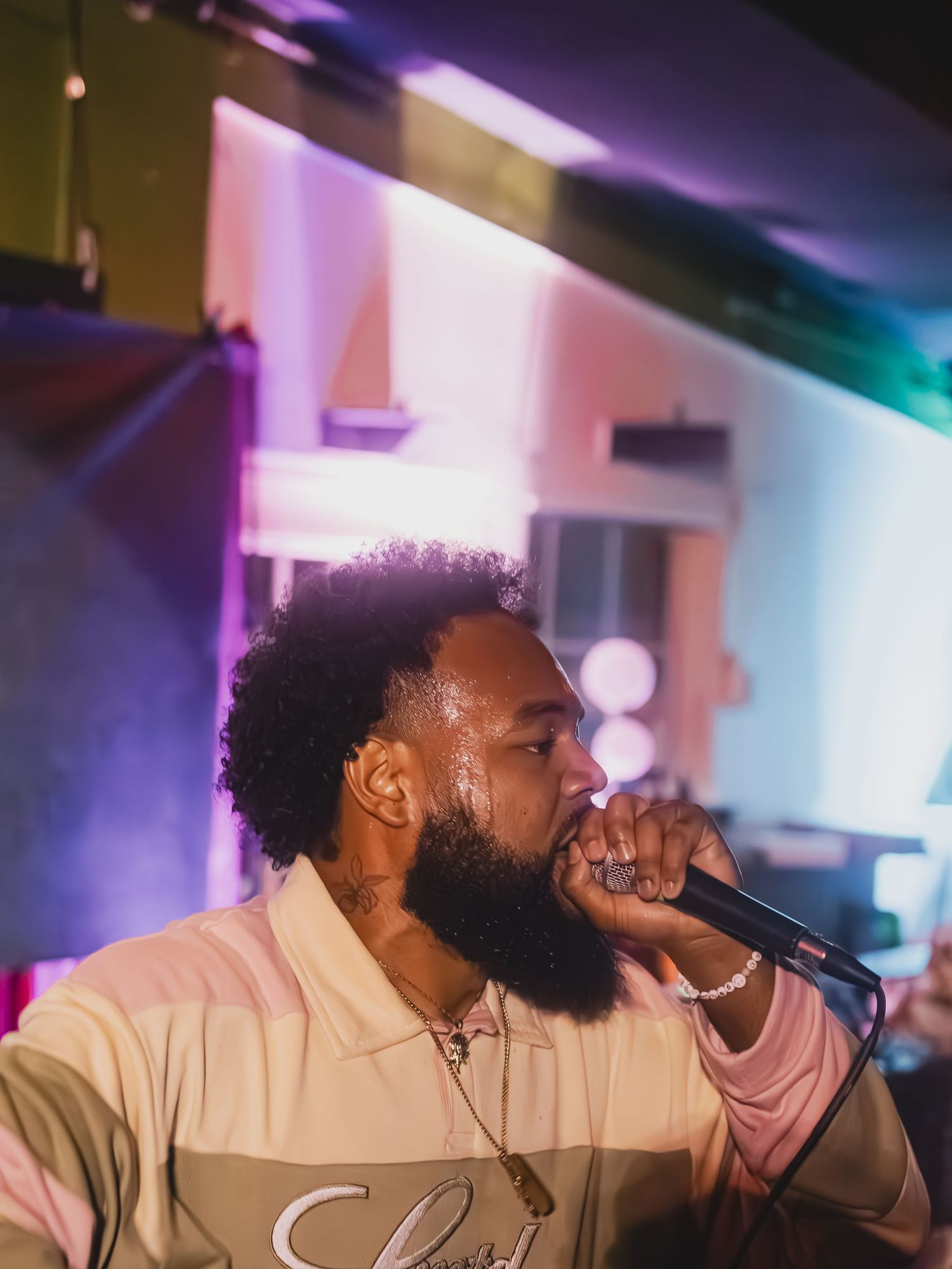Performer with beard passionately singing into microphone on stage with colorful lighting effects.