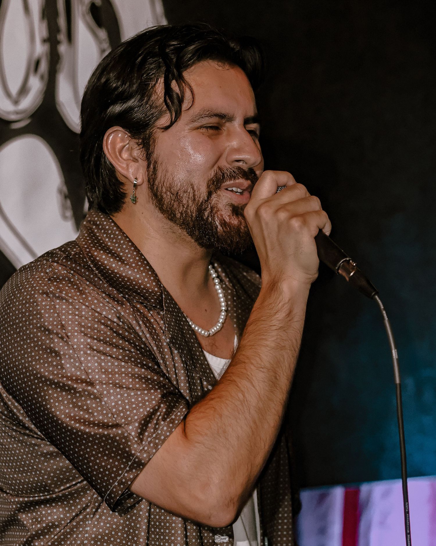 Passionate vocalist performs with microphone during nighttime concert event.