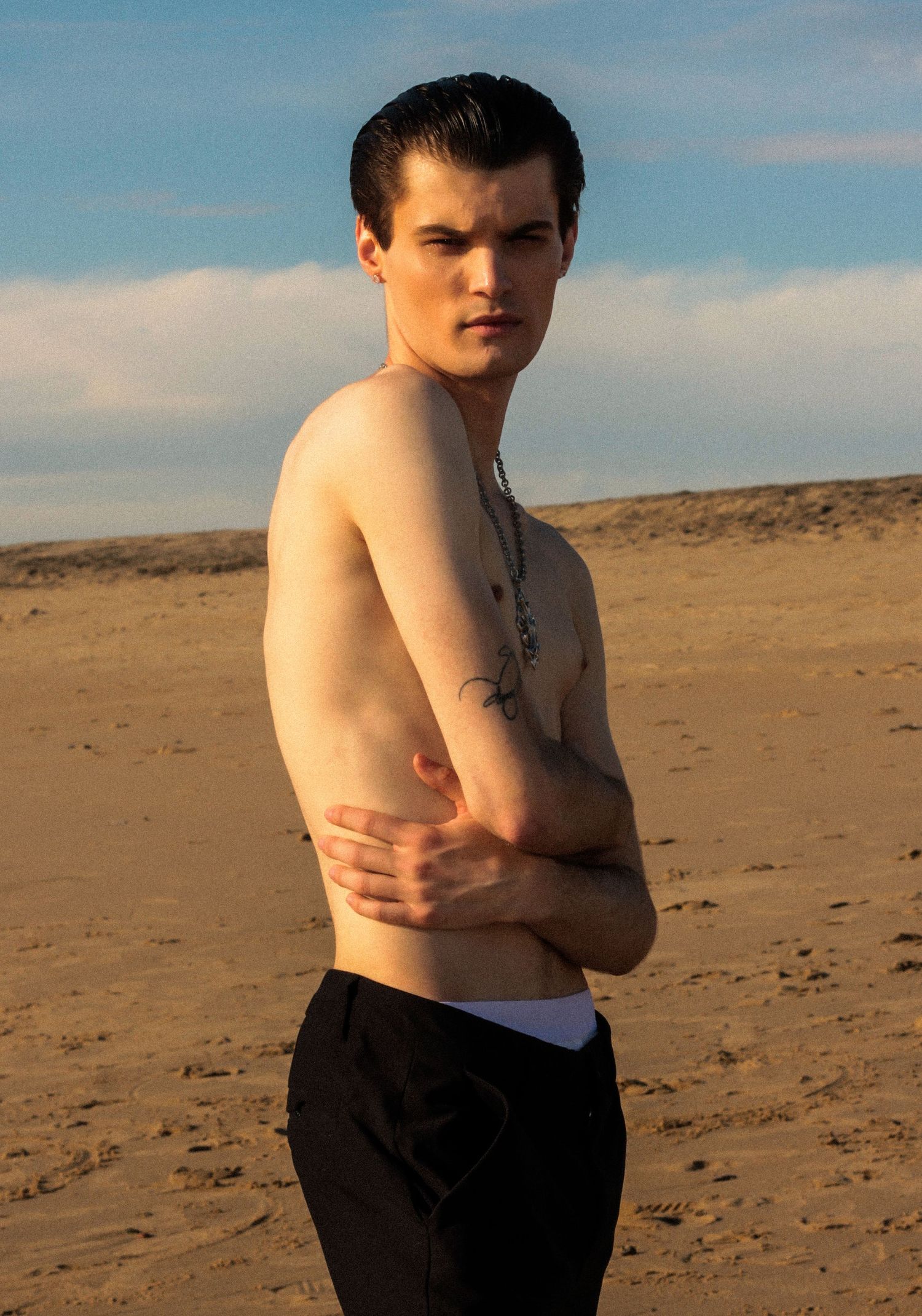 Desert landscape portrait with golden sand and blue sky backdrop.