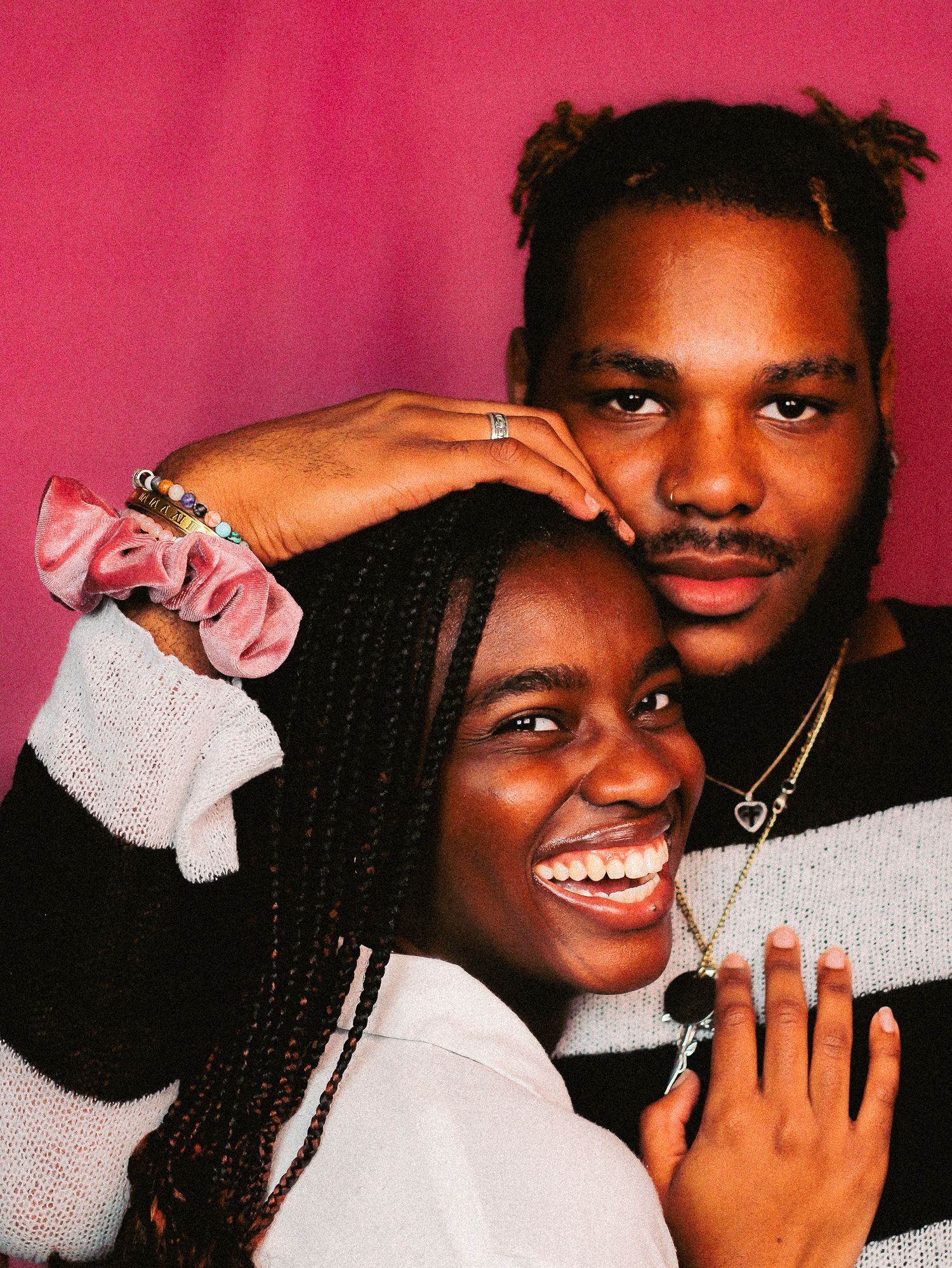 Series of natural moments showing happiness and connection against pink backdrop.