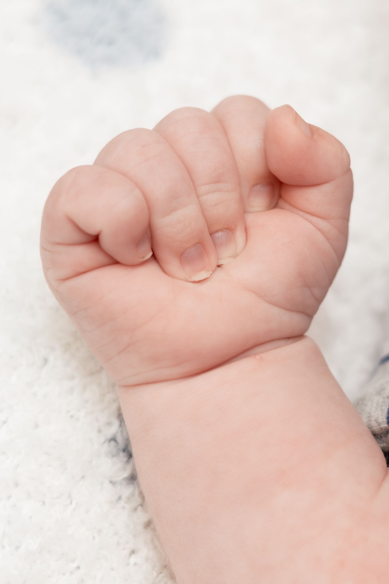 Close-up of a newborn baby's tiny clenched fist resting on a soft white blanket.