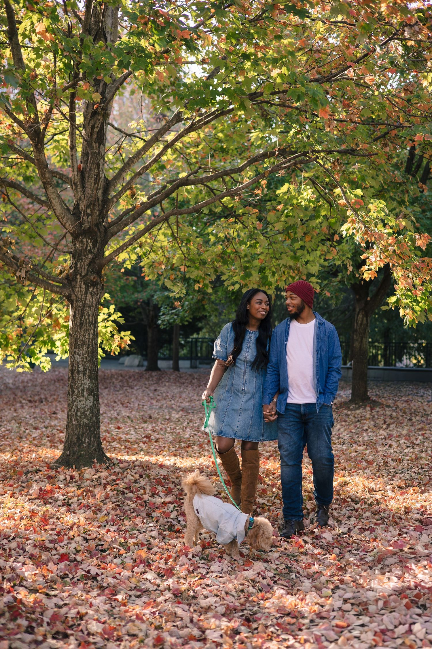 A couple walks together through fallen autumn leaves in a park on a sunny day.
