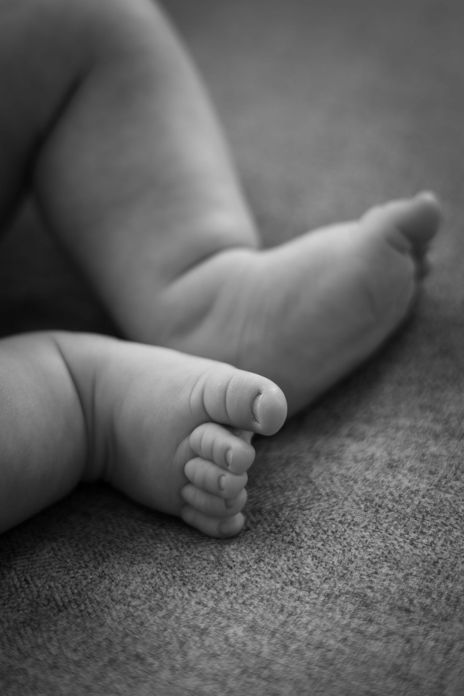 Close-up black and white photos of tiny baby feet resting on a textured surface.
