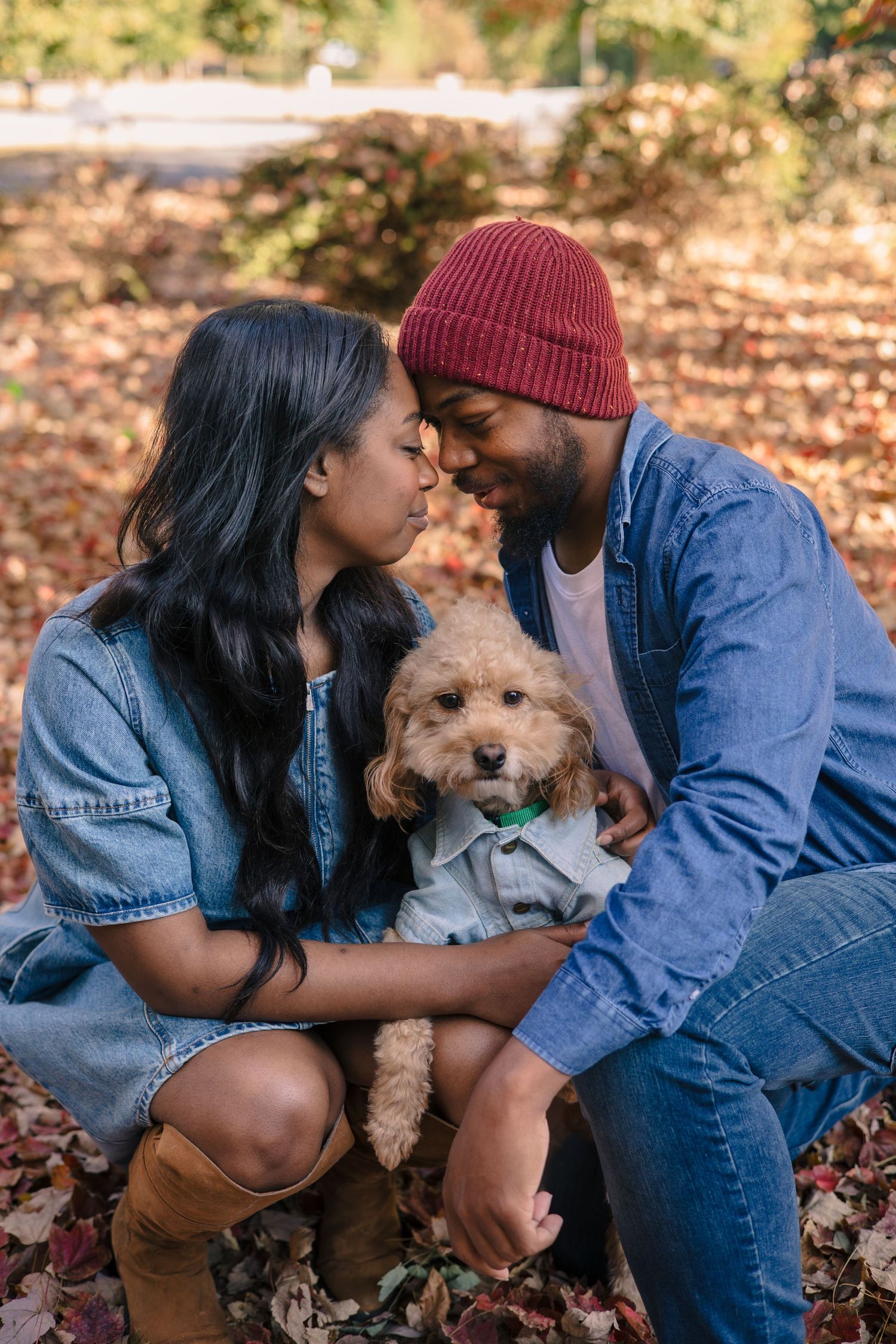 Couple with their small dog sharing sweet moments in fall leaves.
