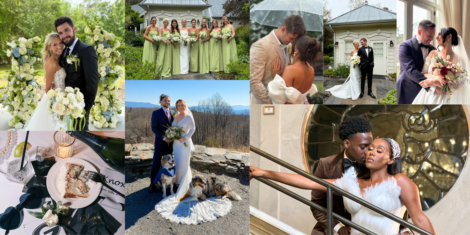 Series of candid wedding moments captured across different outdoor and indoor settings.
