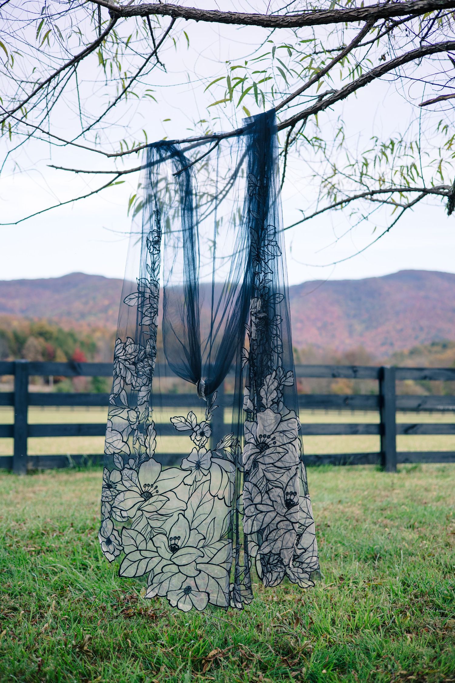 Close-up sequence of delicate lace wedding dress details against autumn landscape backdrop.