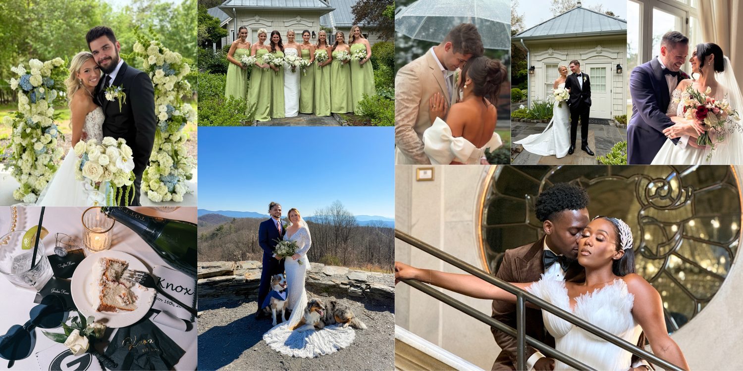 Collection of wedding photography moments featuring various couples celebrating at different locations.