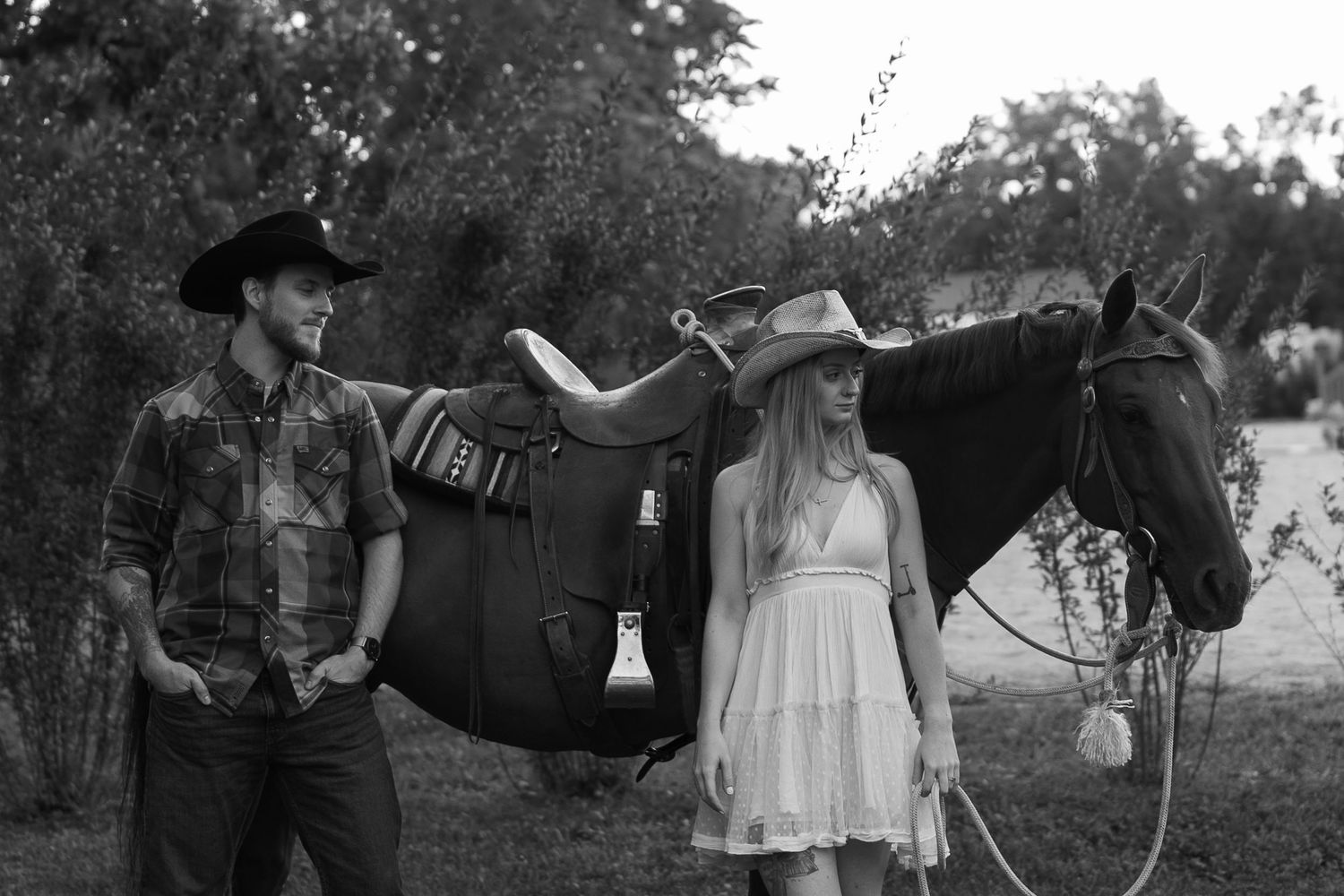 Black and white photo collage of outdoor couples photography session with romantic poses in natural settings.