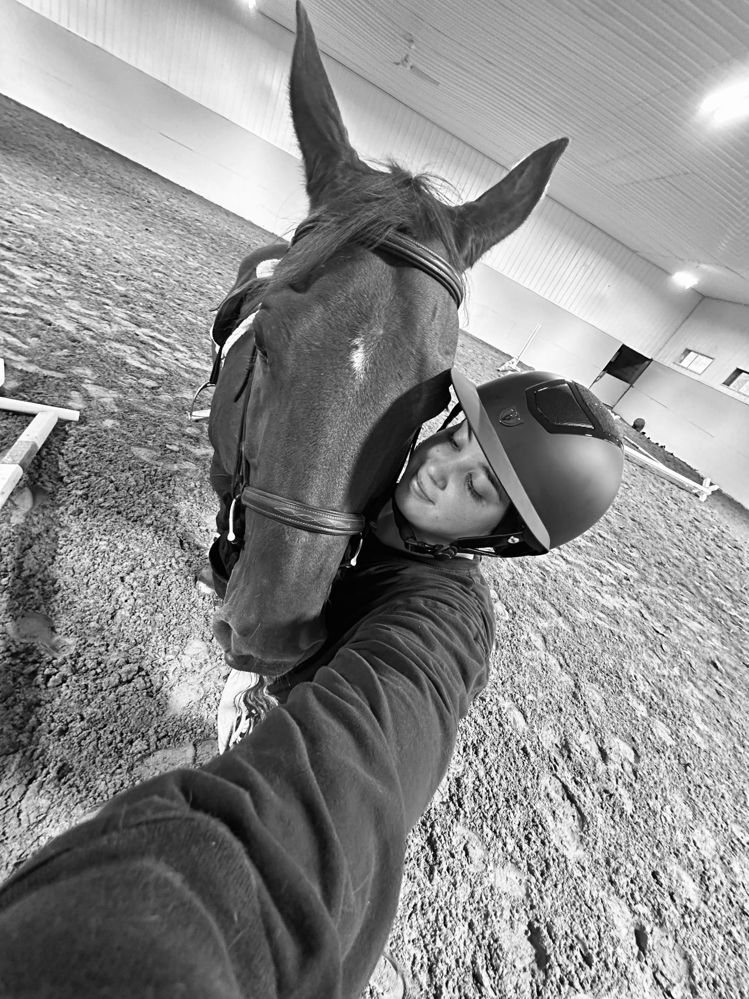 Black horse and rider in equestrian helmet taking a selfie inside an indoor riding arena.