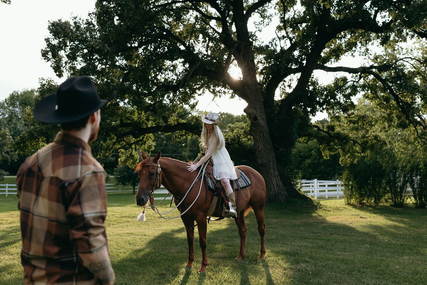 Scenic collage of horseback riders enjoying peaceful moments on a ranch with horses and trees in golden sunlight.