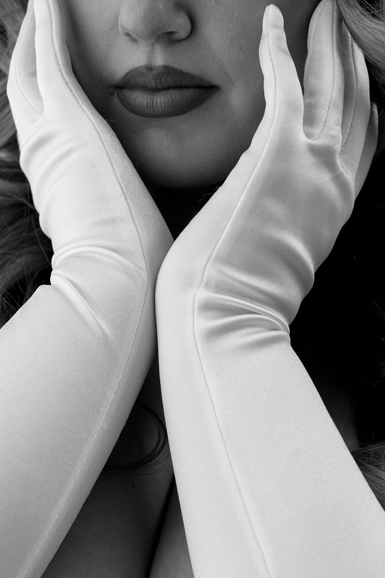 Series of close-up shots showing white formal gloves against dark background. Chicago Editorial Wedding photographer