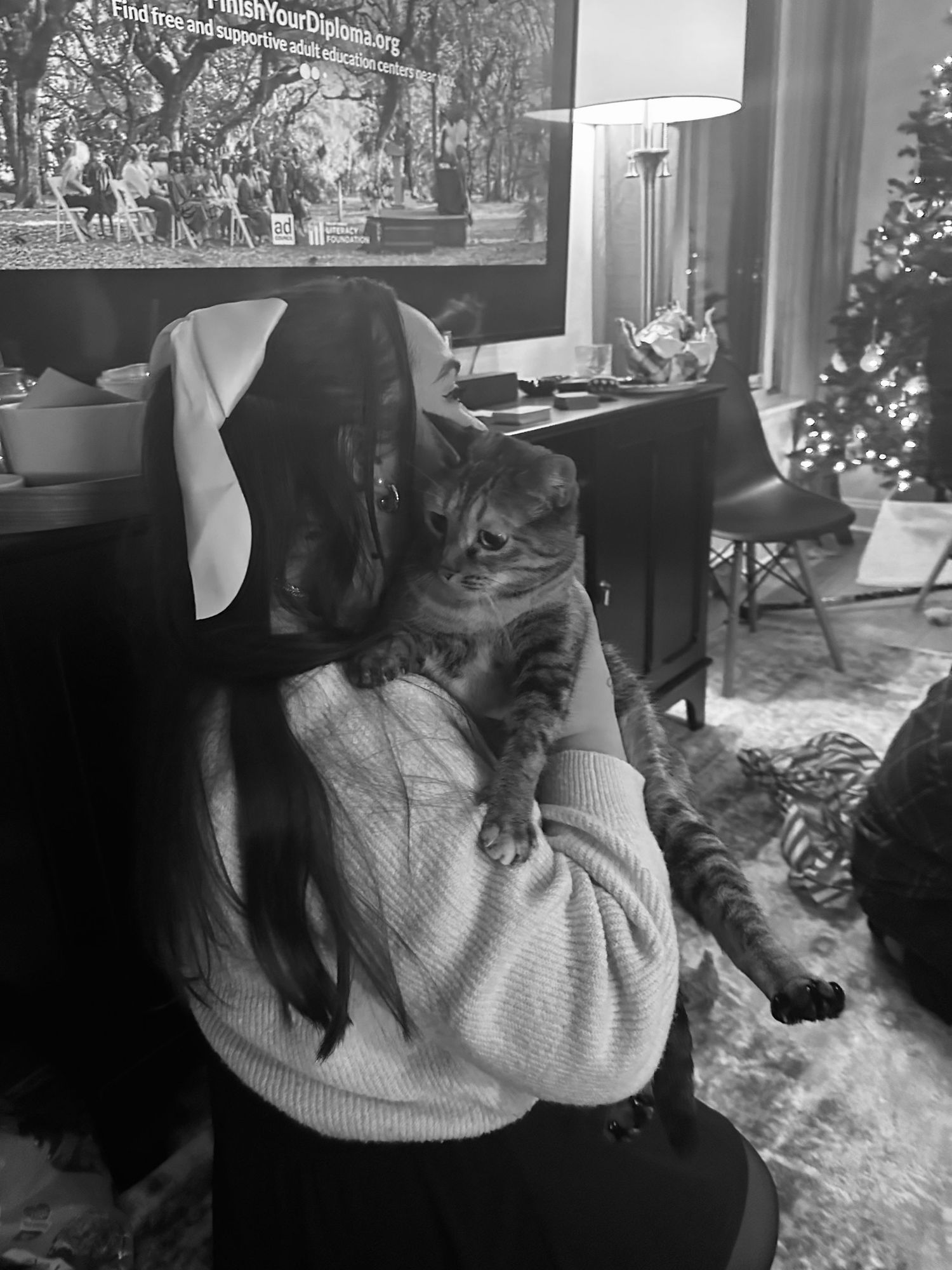 A person in a sweater cuddles with several cats on a couch.