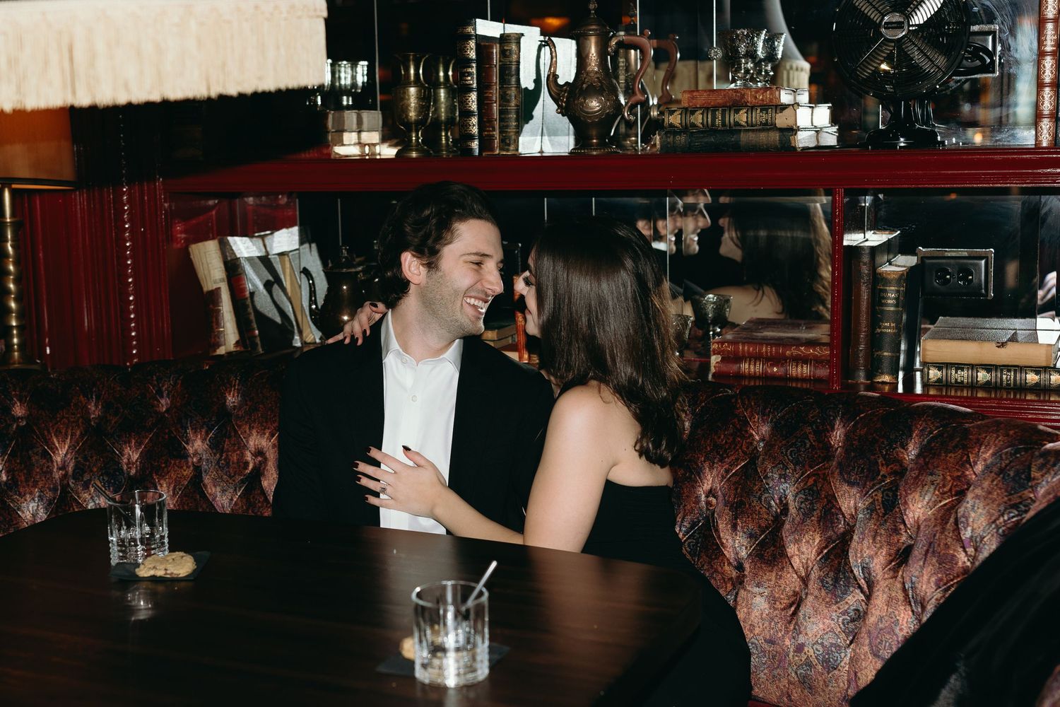 Unique, moody and romantic speakeasy editorial Chicago engagement session at Gilt bar.