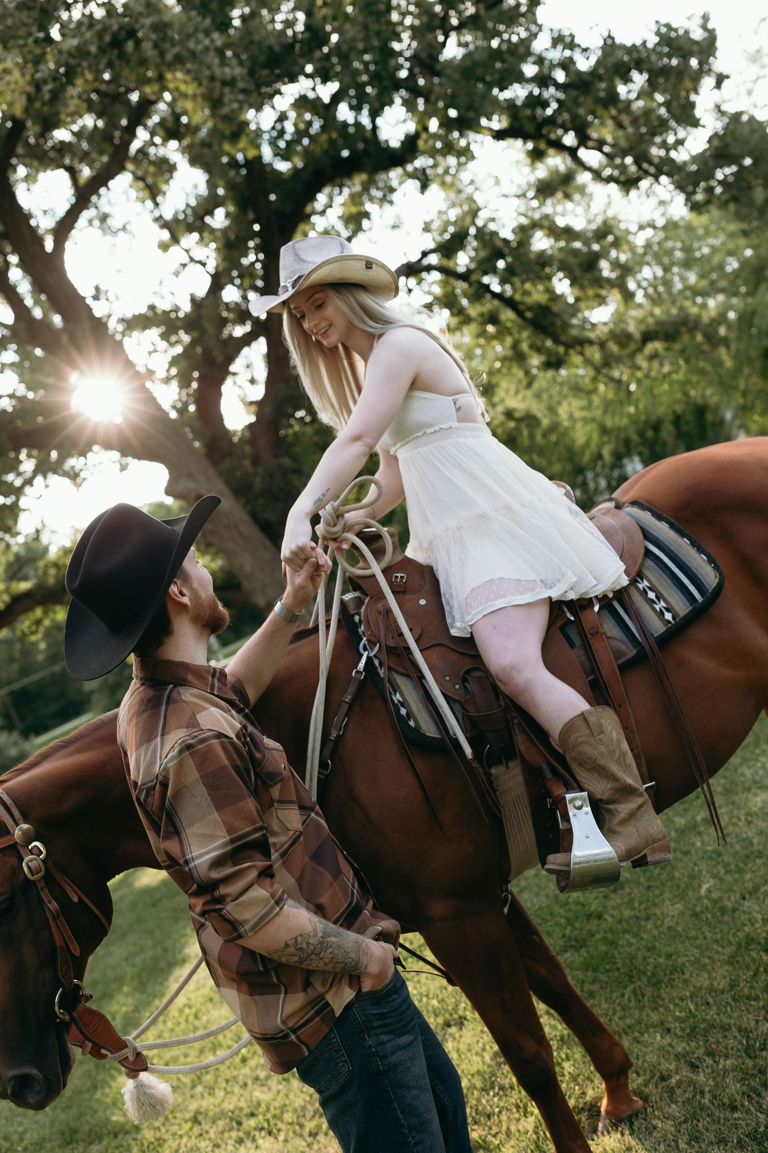 A sequence of five photos showing someone mounting a brown horse in a sunlit grassy field during golden hour.