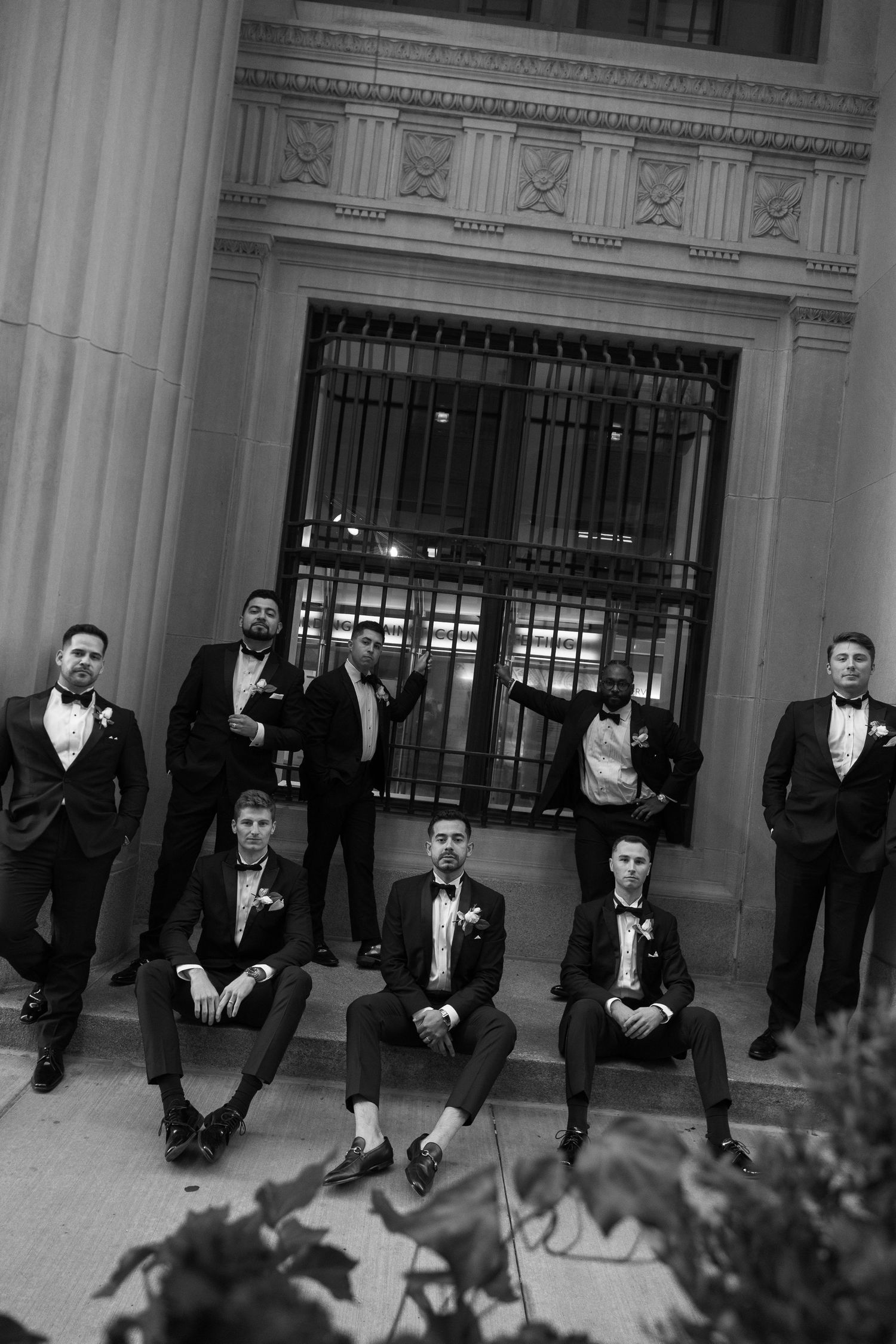 Luxury Chicago wedding photography featuring classic Financial District architecture and black tie wedding style.