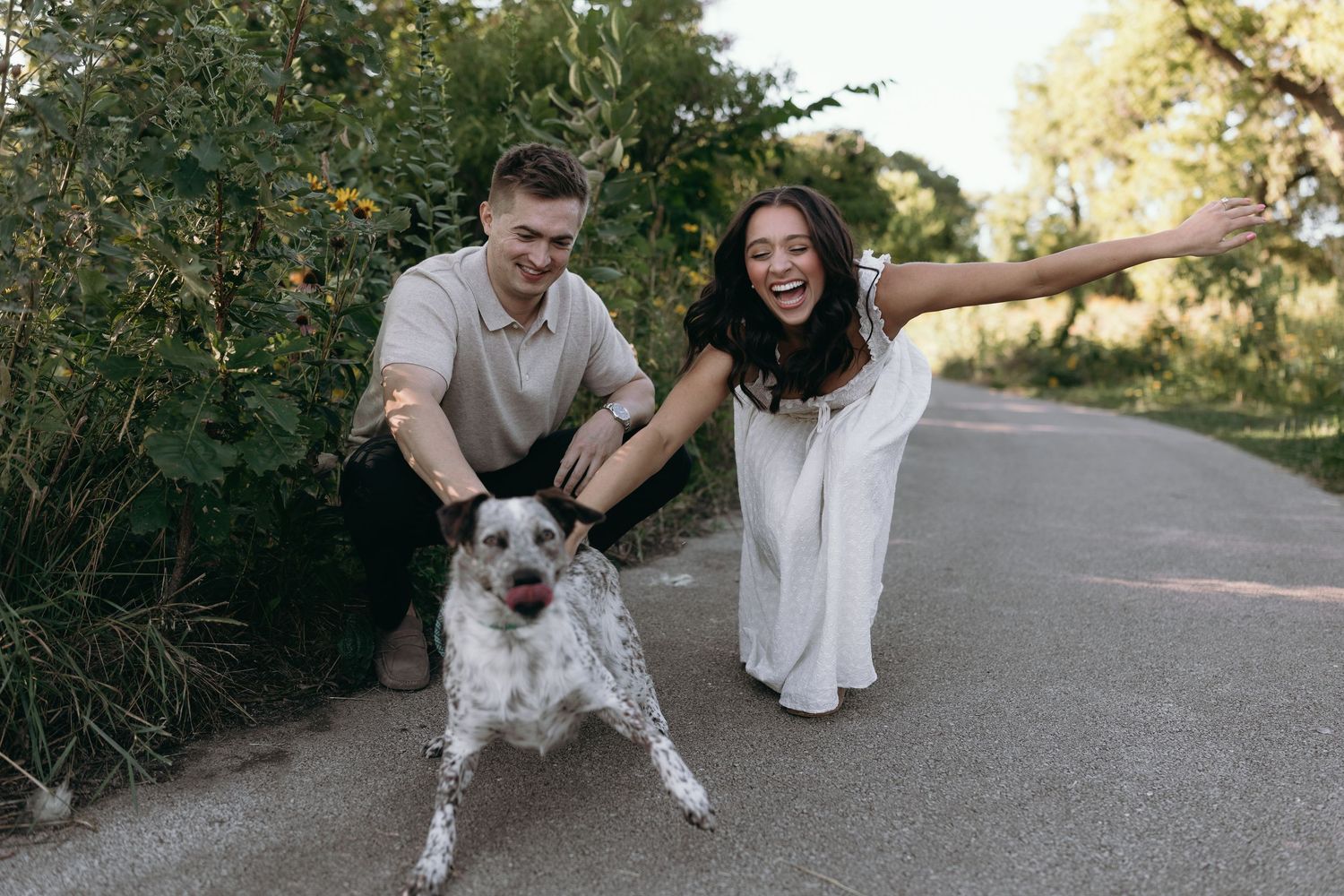 A group of heartwarming engagement photos capturing joyful moments with a spotted dog on a sunlit path.