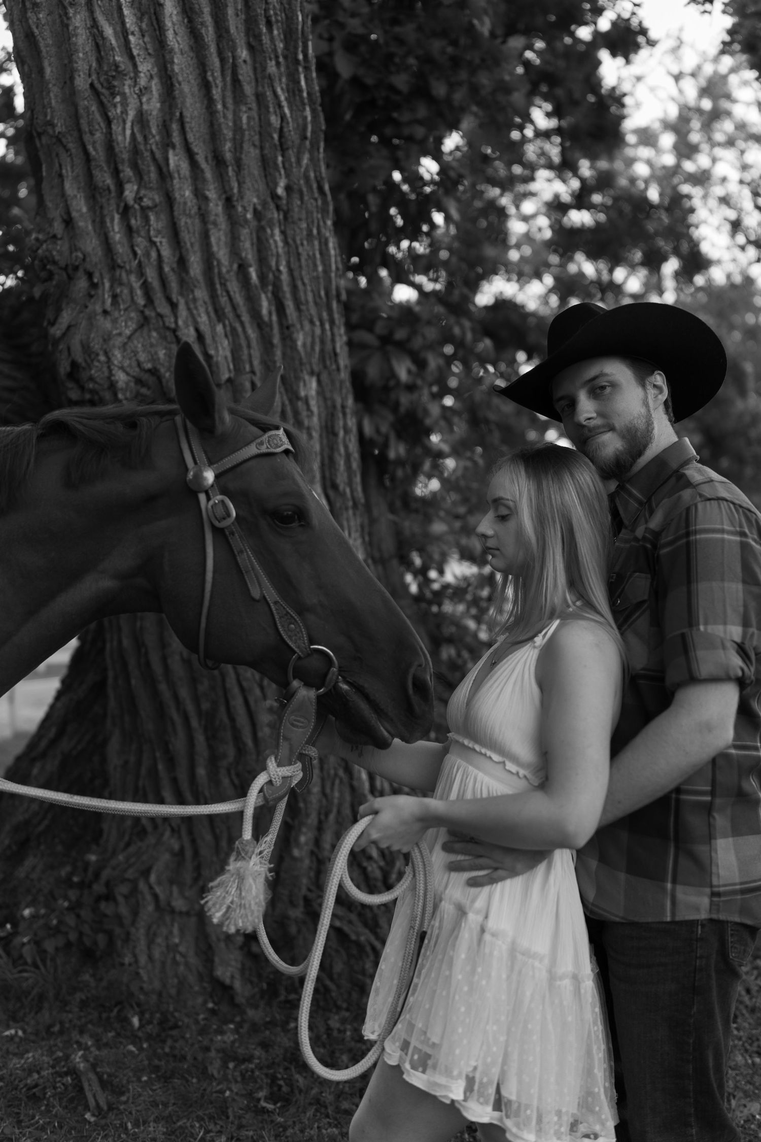 Black and white romantic country photo with a horse, couple in western attire and white dress near a large tree.