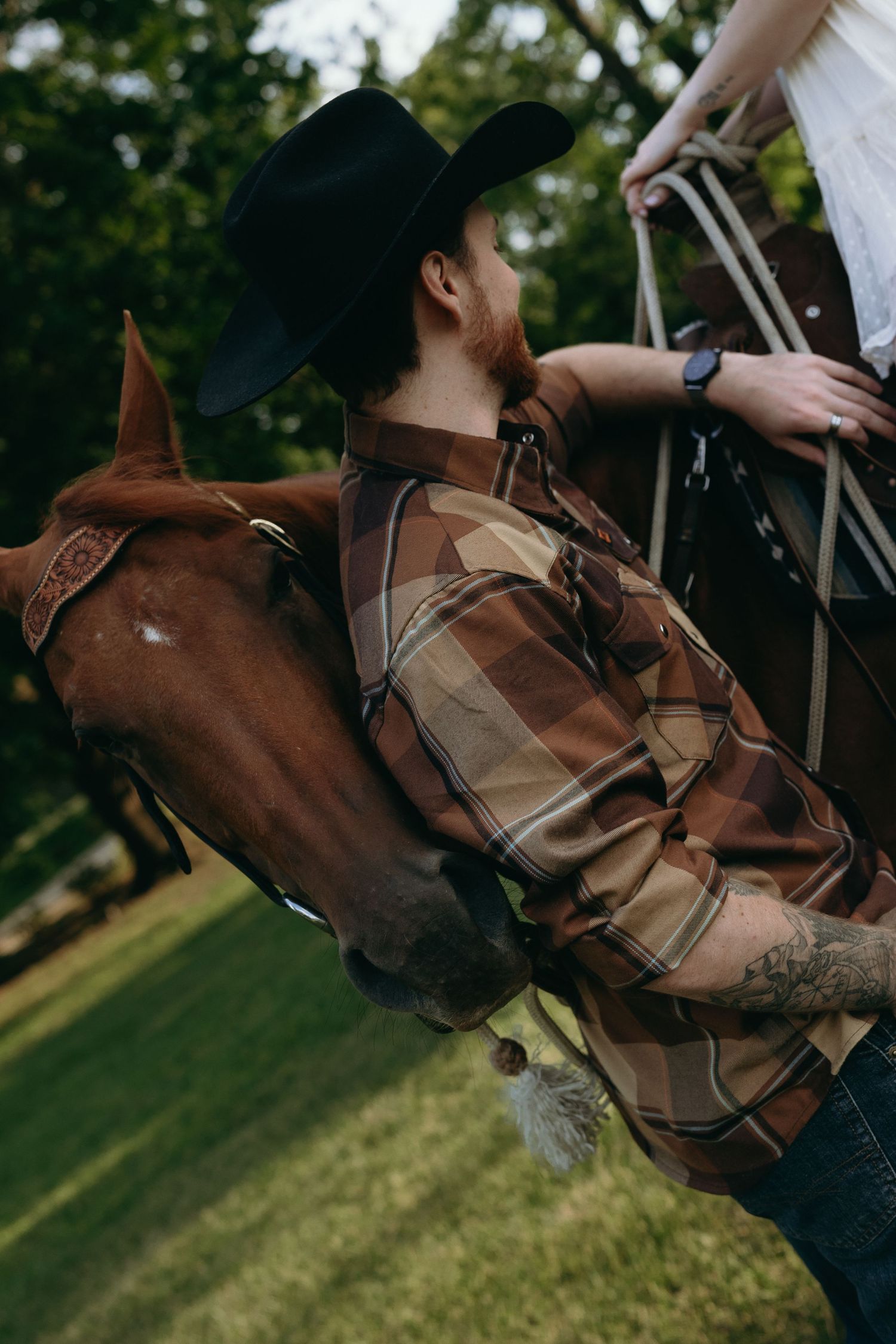 Sequential action shots of a brown horse leaning forward in motion while its rider maintains balance during equestrian training.