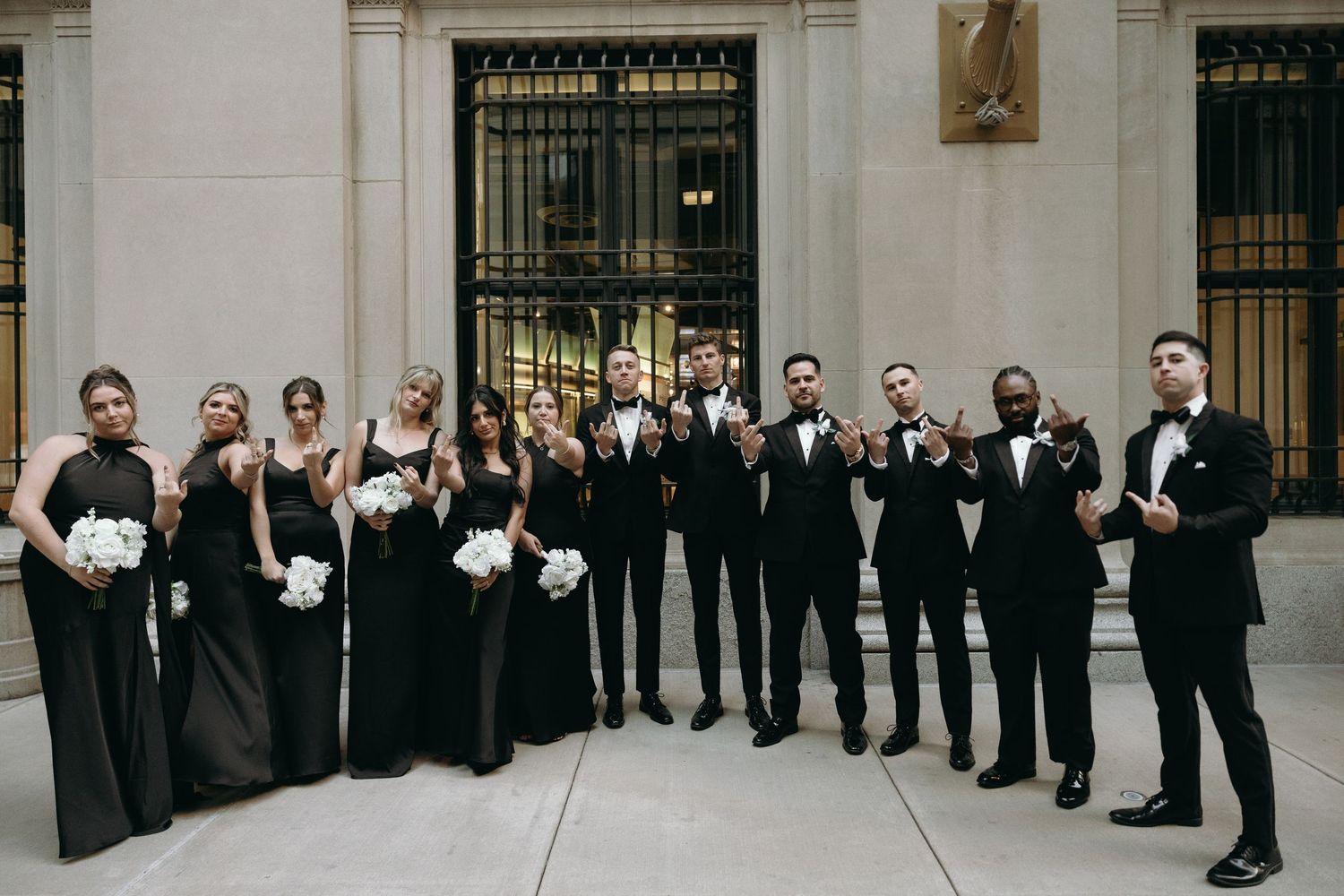 Luxury Chicago wedding photography featuring classic Financial District architecture and black tie wedding style.
