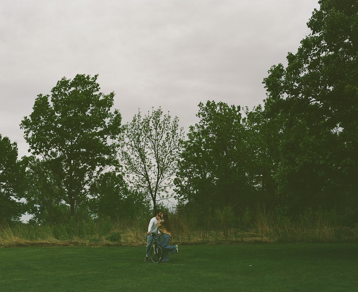 Person riding a bicycle on lush green grass surrounded by tall trees under an overcast sky.