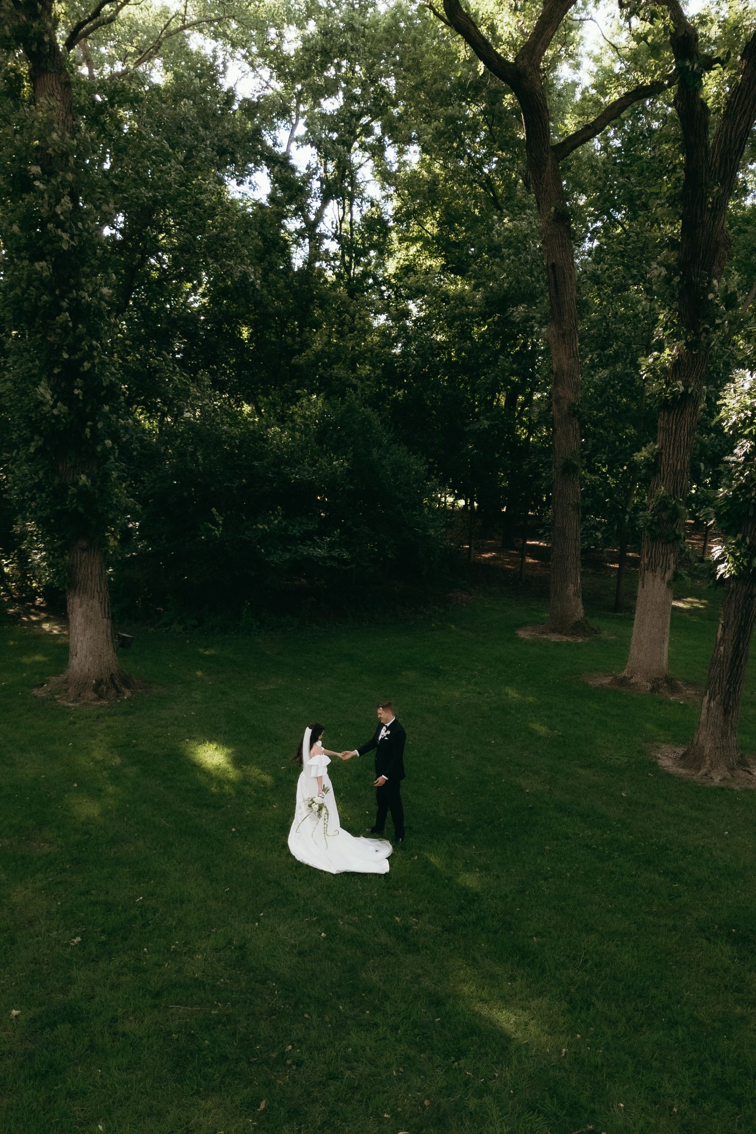 Aerial view of bride and groom holding hands on lush green lawn surrounded by tall trees during outdoor wedding ceremony.