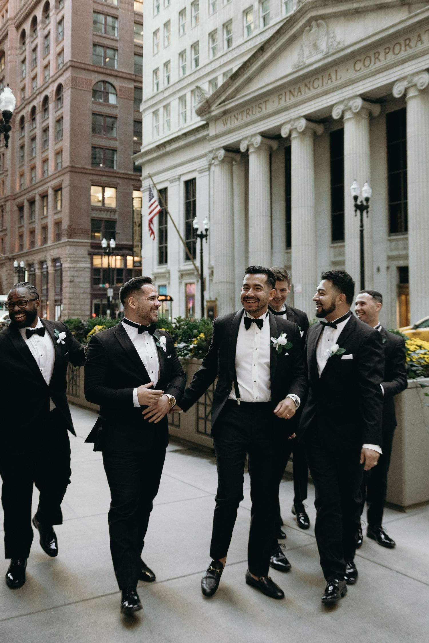 Luxury Chicago wedding photography featuring classic Financial District architecture and black tie wedding style.